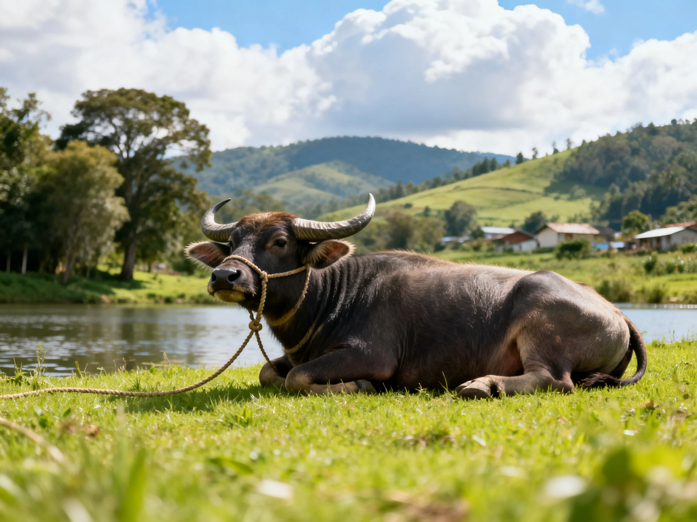 A large brown buffalo rests near a calm river with green hills