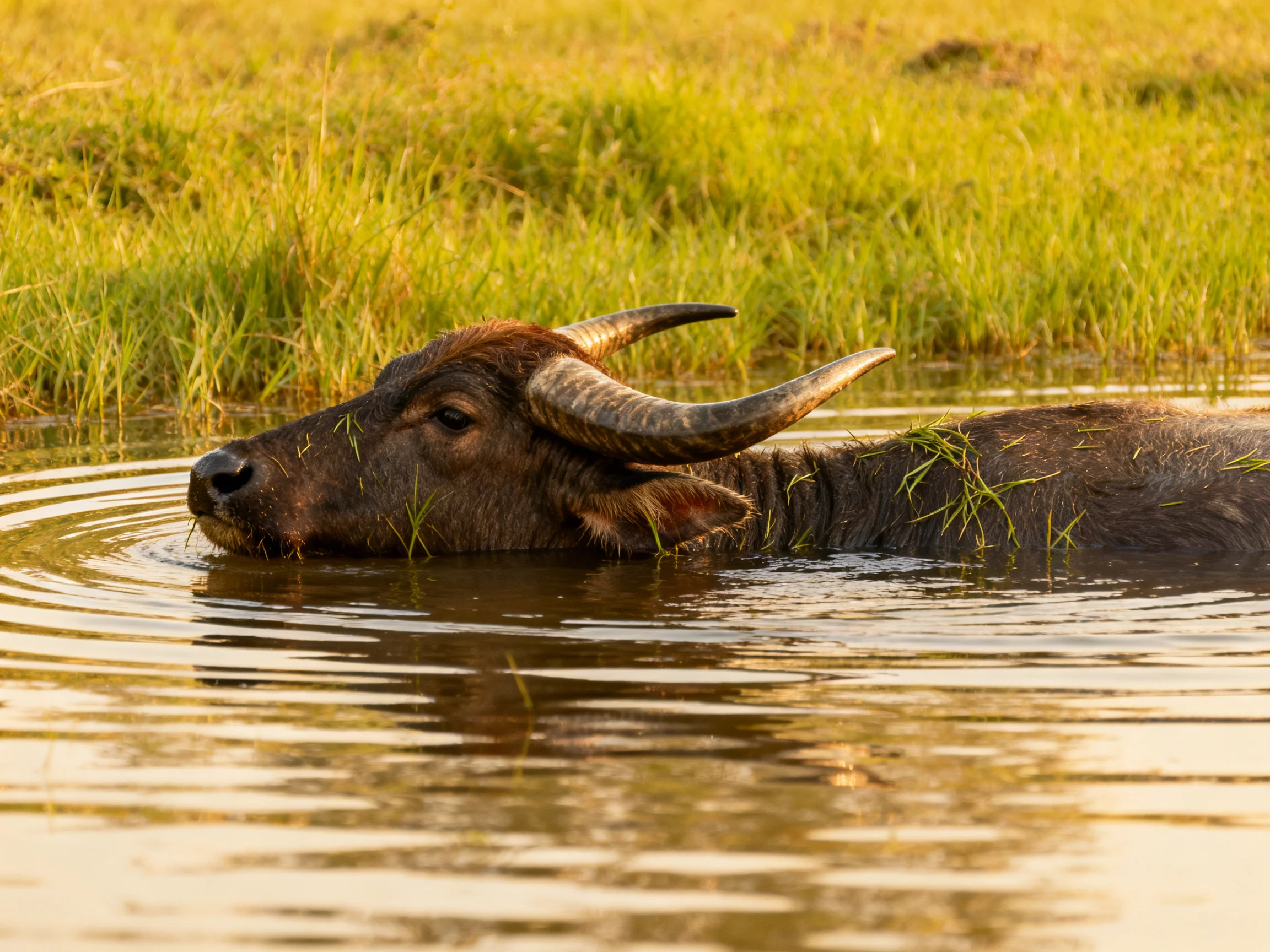 A large brown buffalo swims in calm waters near tall green grass