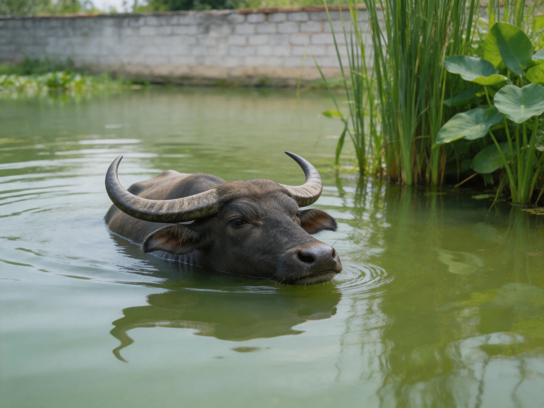 A large brown buffalo swims in murky green water near tall reeds