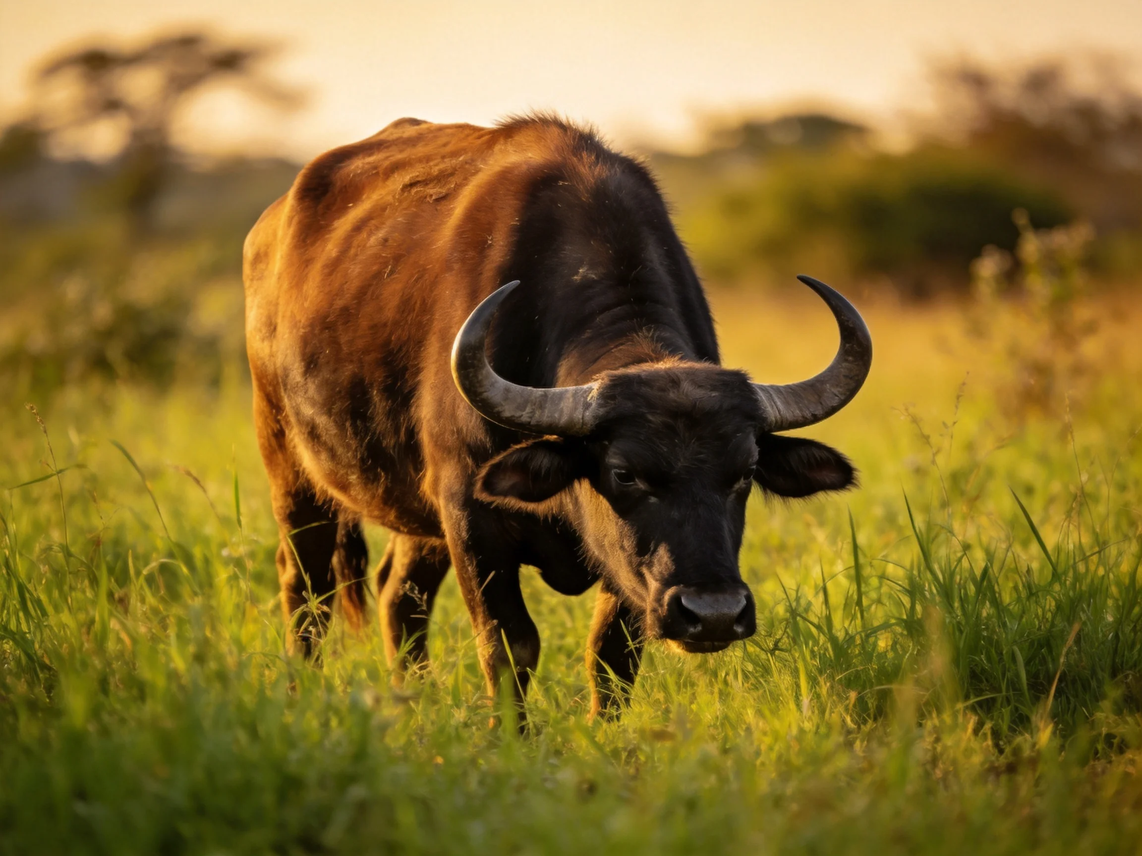 A large brown buffalo with curved horns grazing in a sunlit savannah