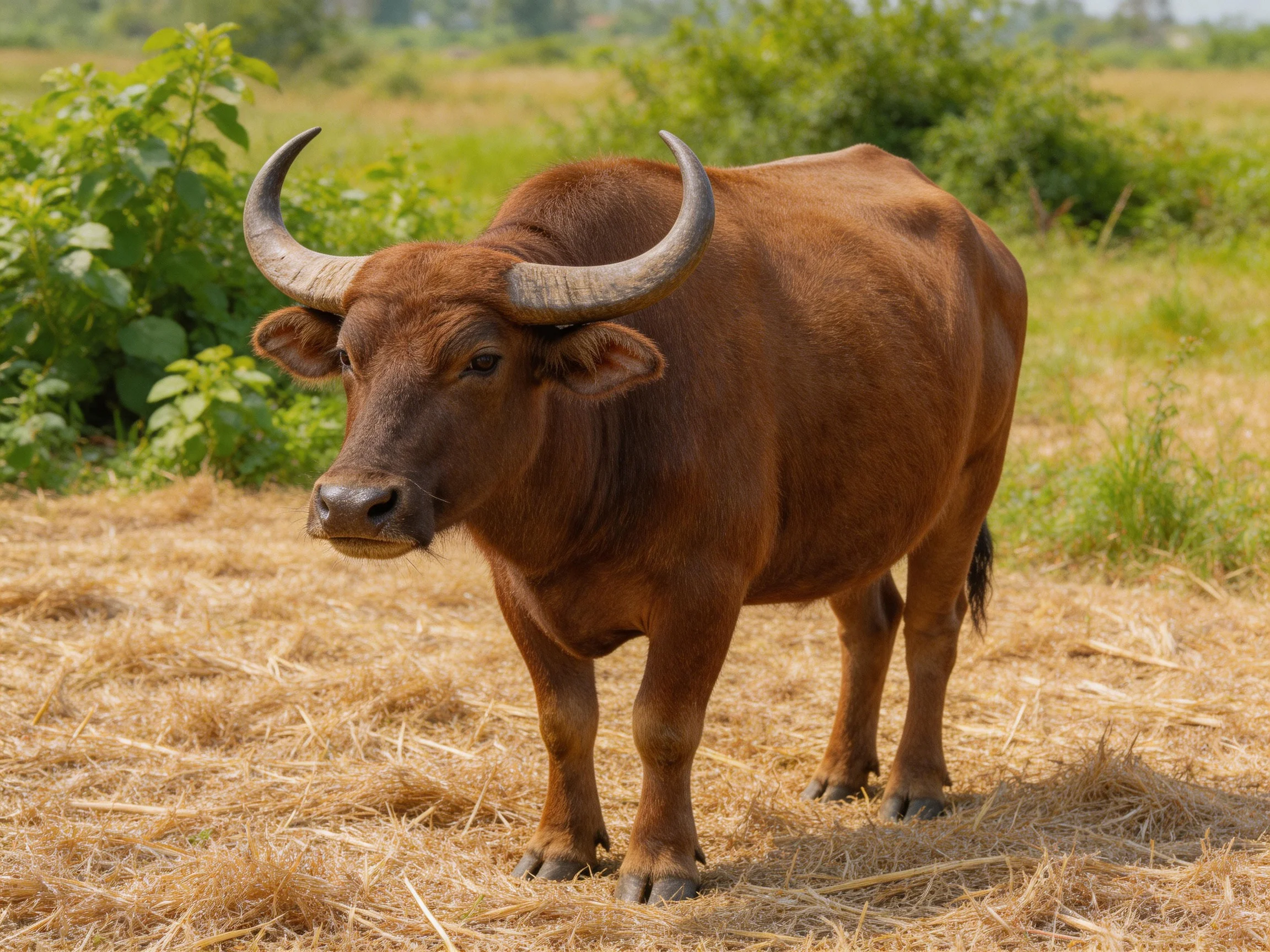 A large brown buffalo with curved horns stands in a sunlit field of dry hay