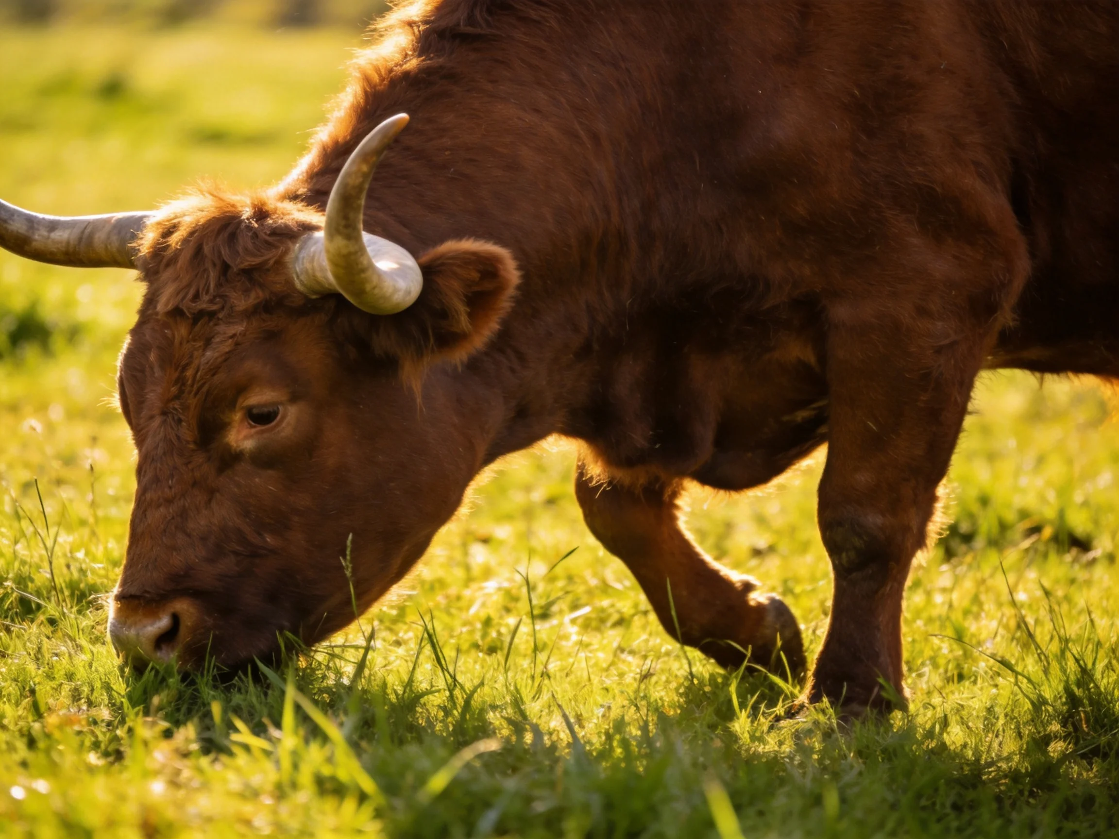 A large brown bull with curved horns grazing in a sunlit meadow