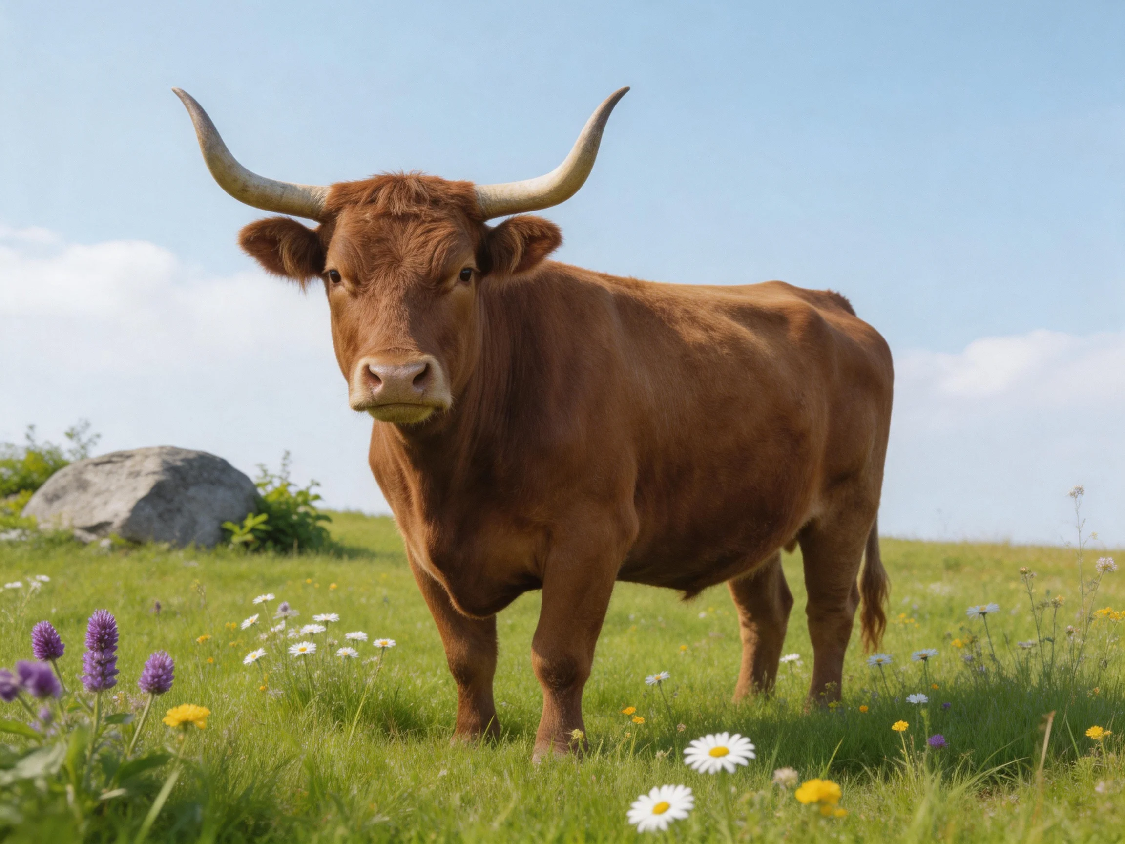 A large brown bull with curved horns stands in a flower-filled green meadow