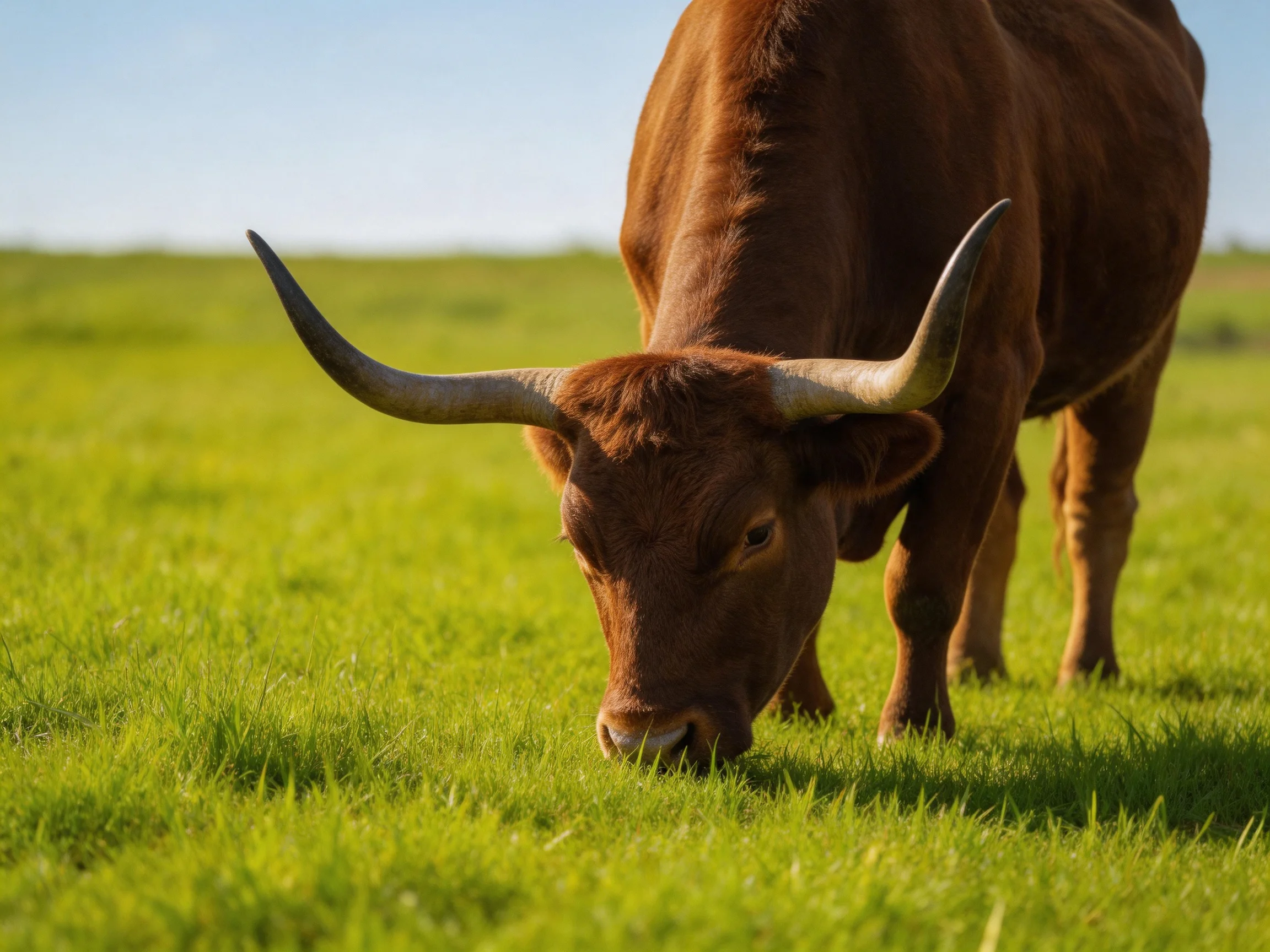 A large brown bull with long curved horns grazes in a lush green meadow