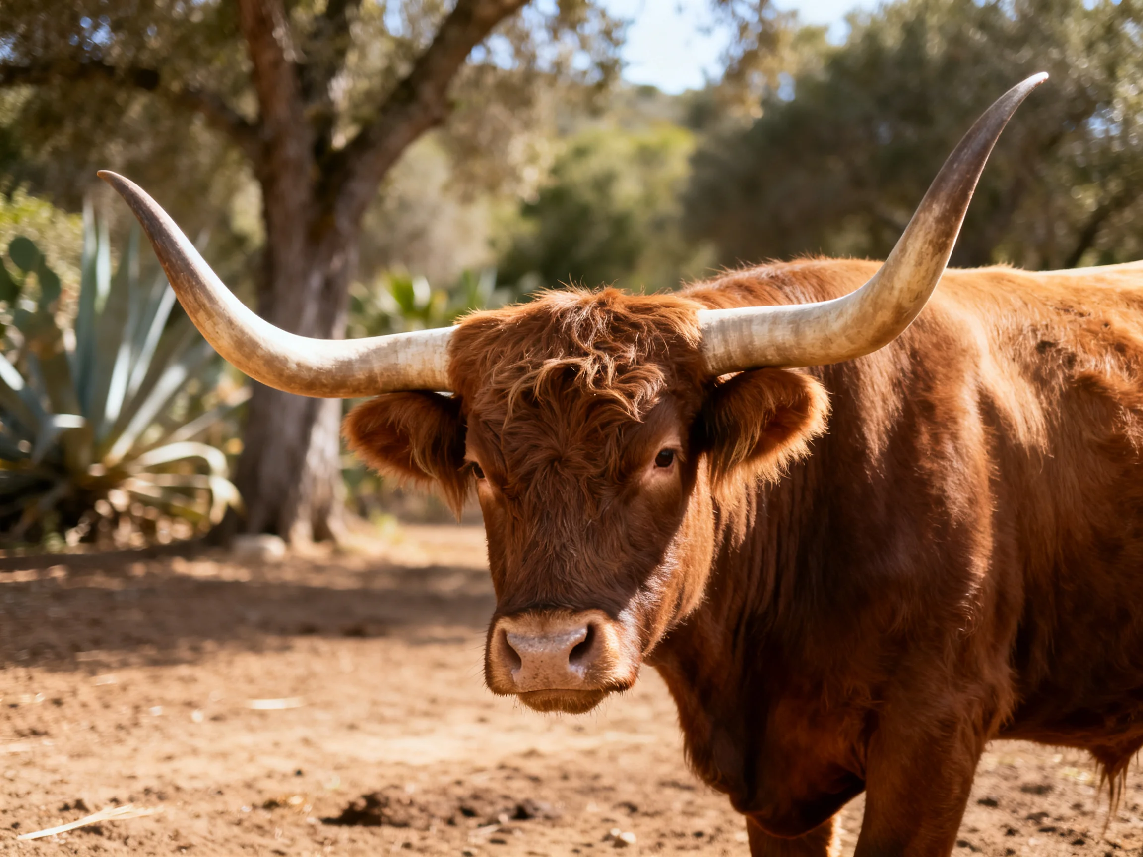 A large brown bull with long curved horns in a natural landscape