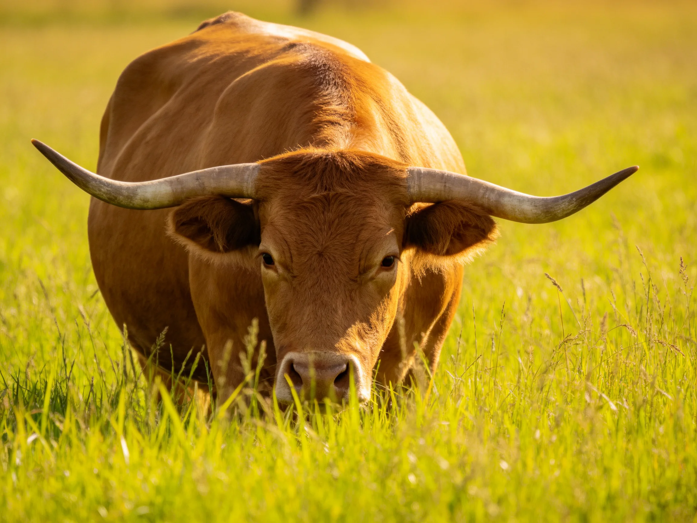 A large brown bull with long curved horns in a sunlit meadow
