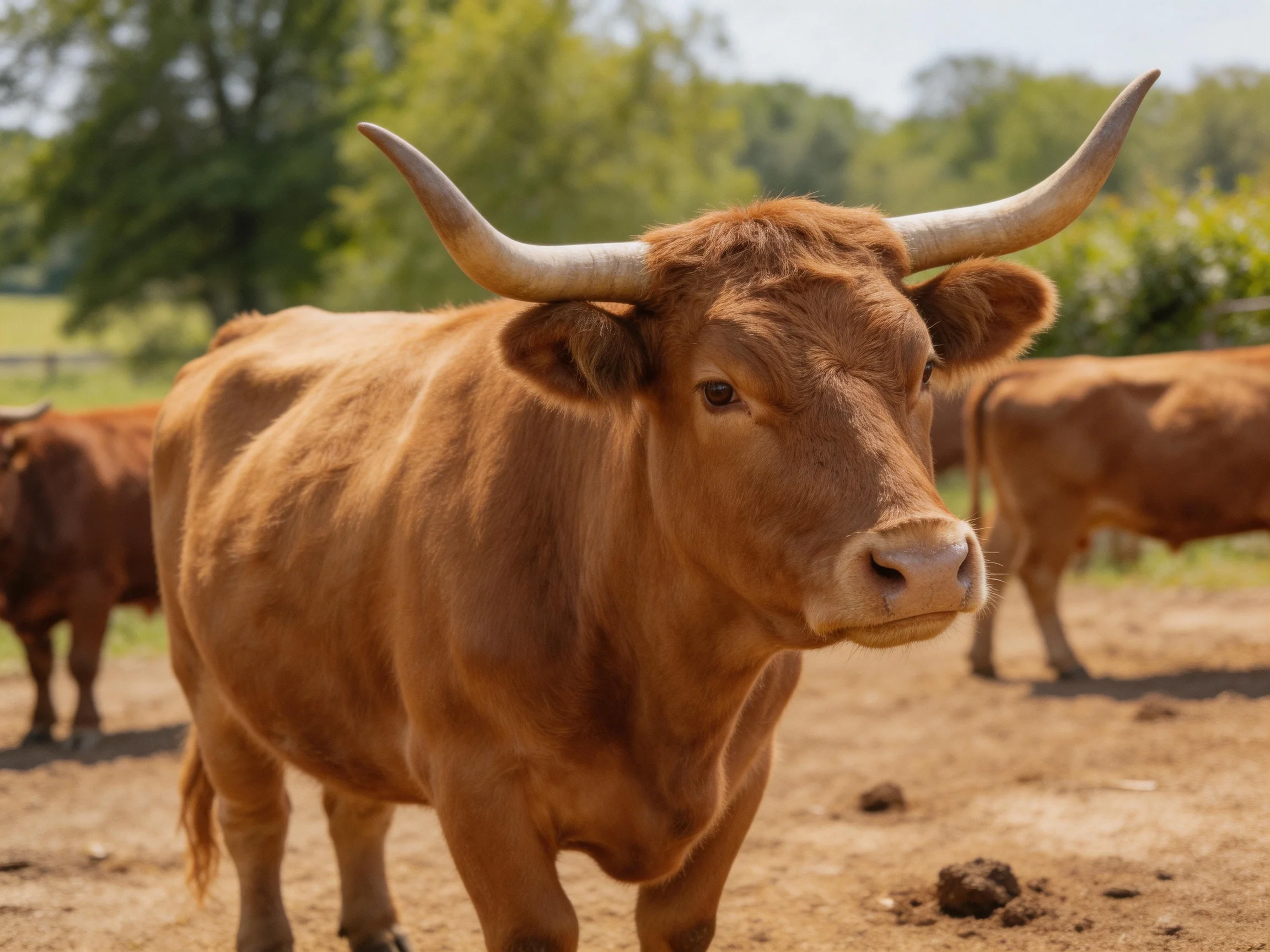 A large brown bull with long curved horns in a sunny pasture
