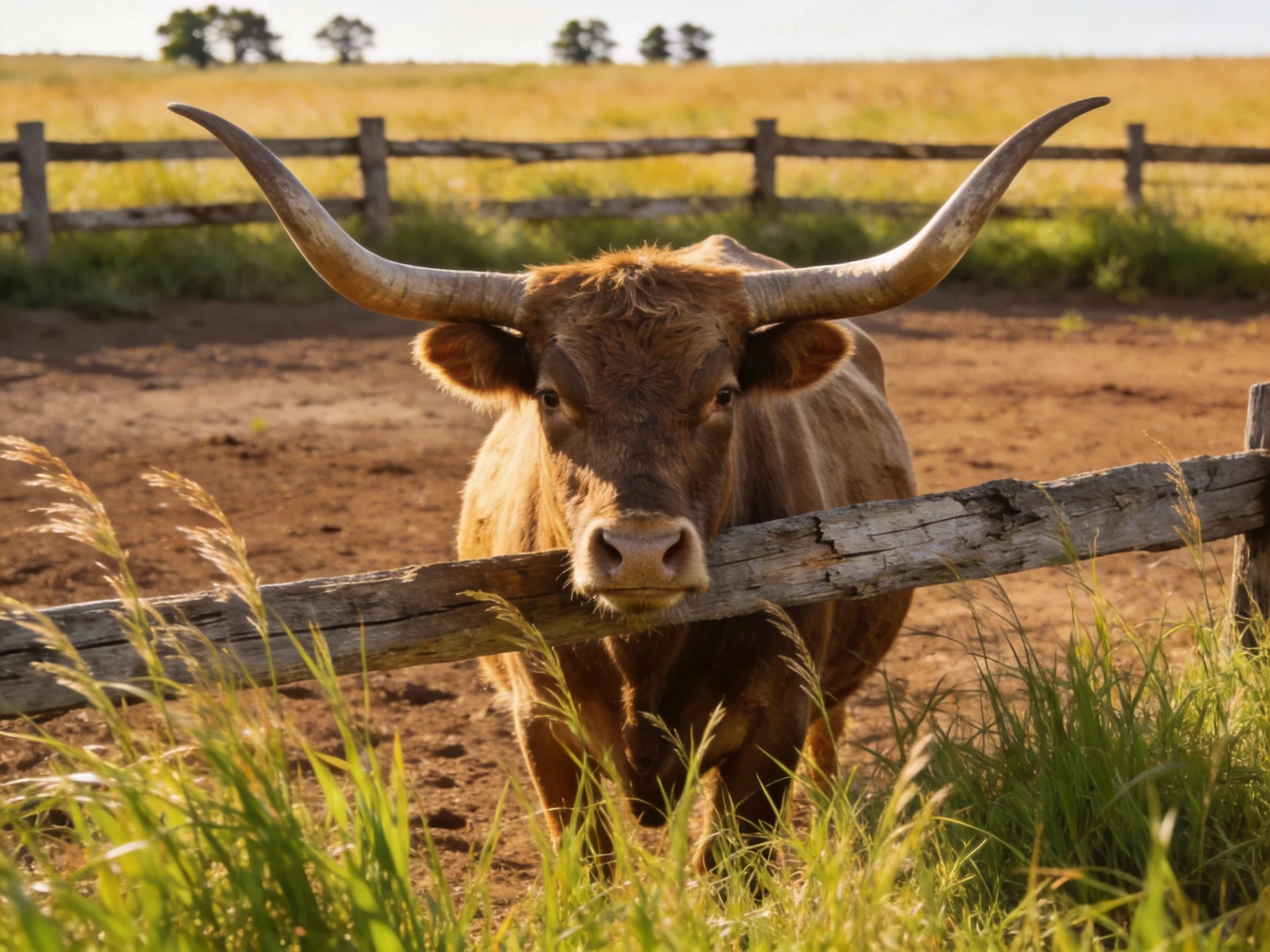 A large brown bull with long curved horns near a weathered wooden fence