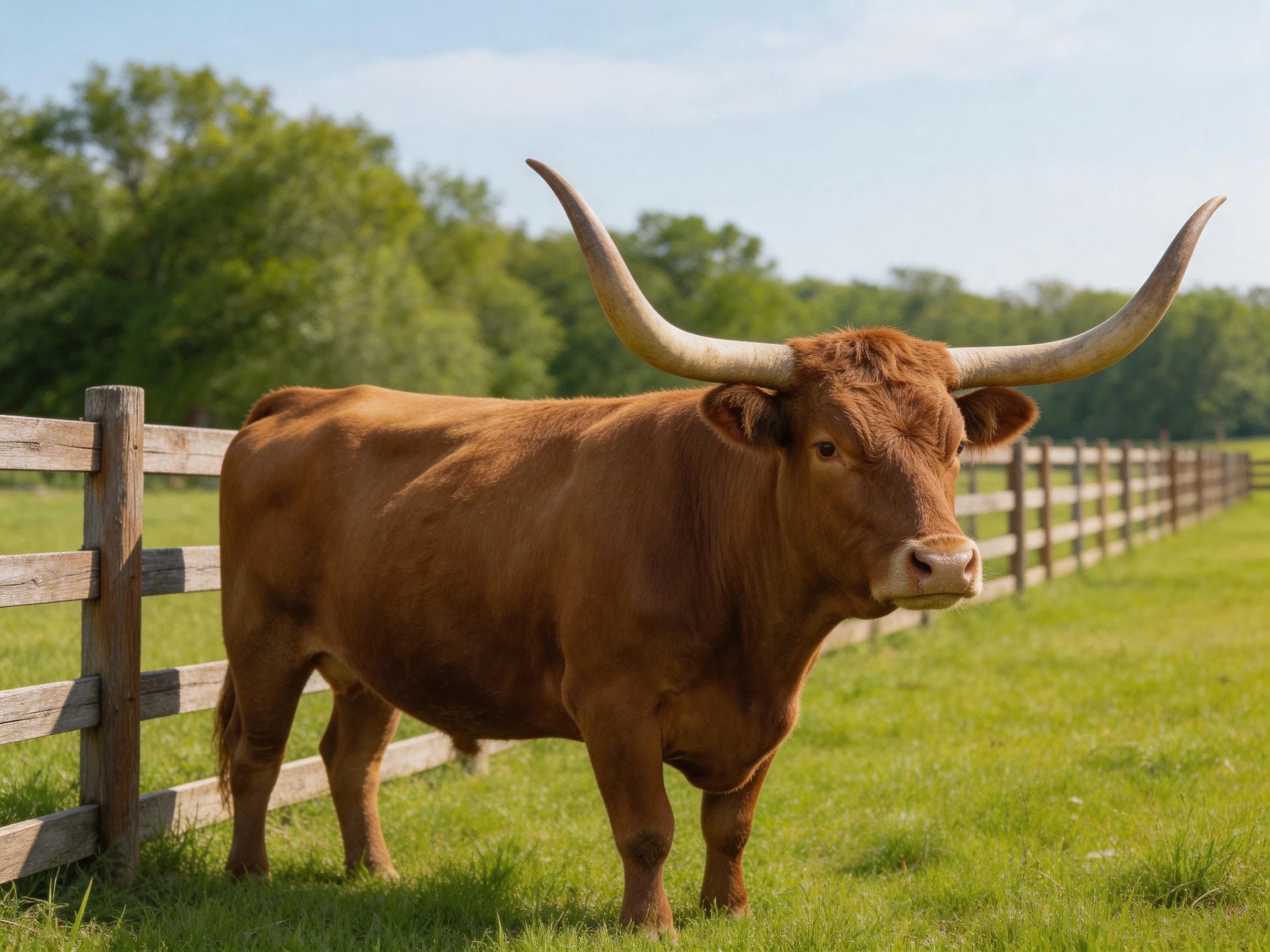 A large brown bull with long curved horns near a wooden fence