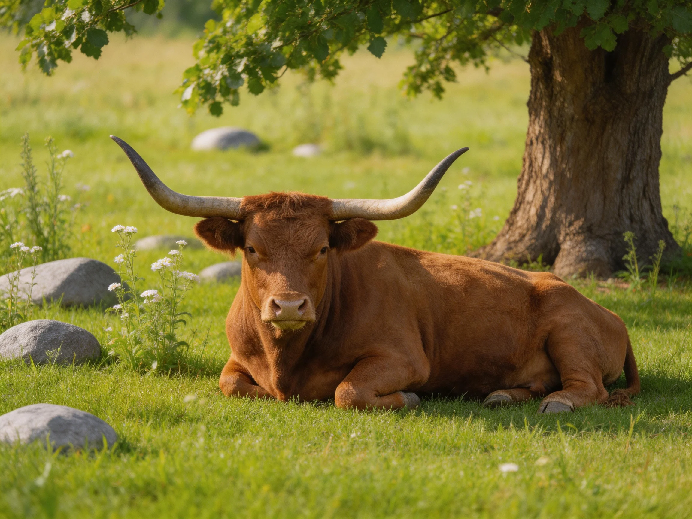 A large brown bull with long curved horns rests near a tree