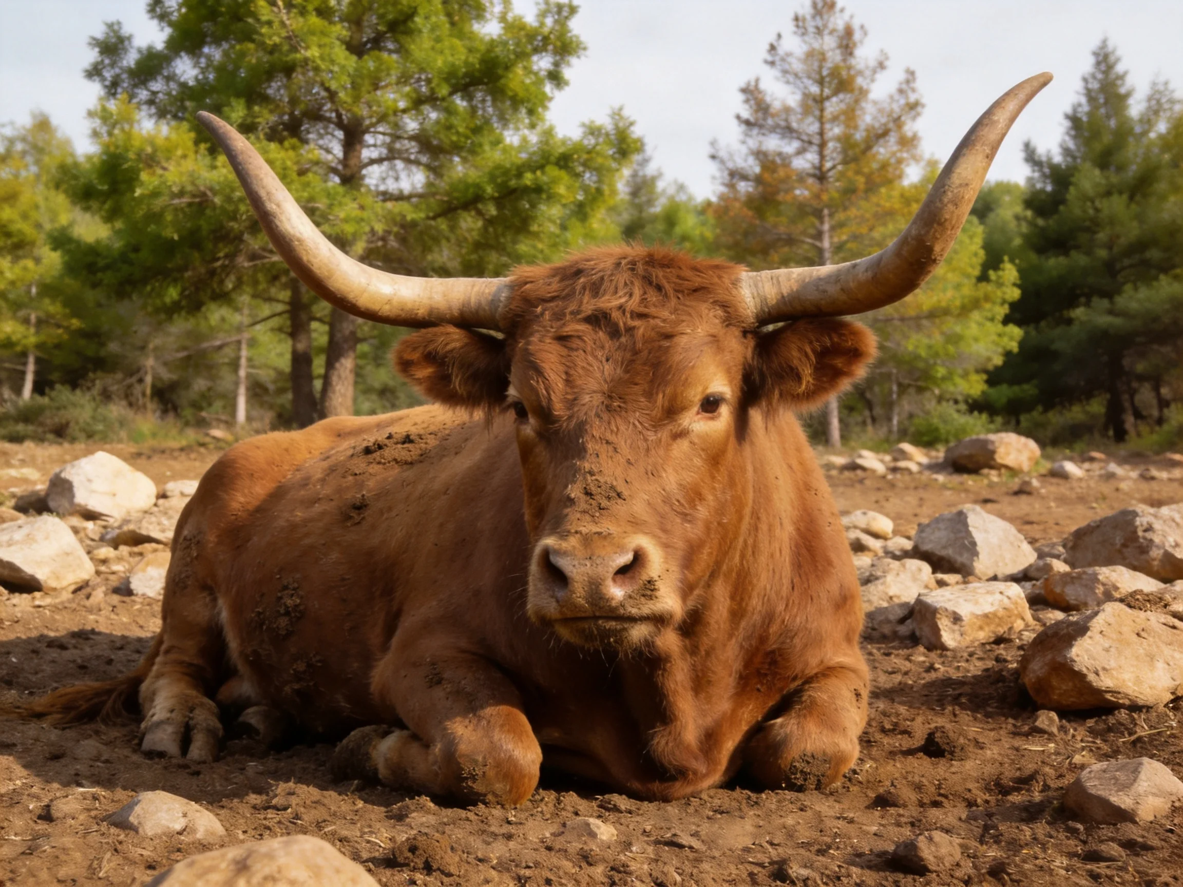 A large brown bull with long curved horns rests near scattered rocks