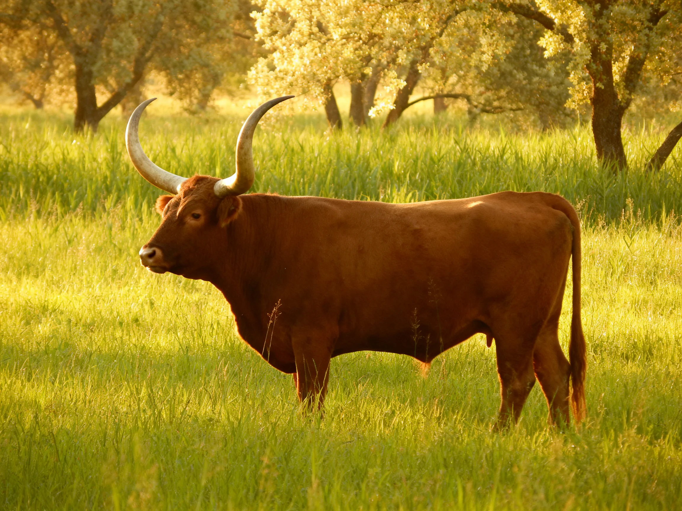 A large brown bull with long curved horns stands in a sunlit green meadow
