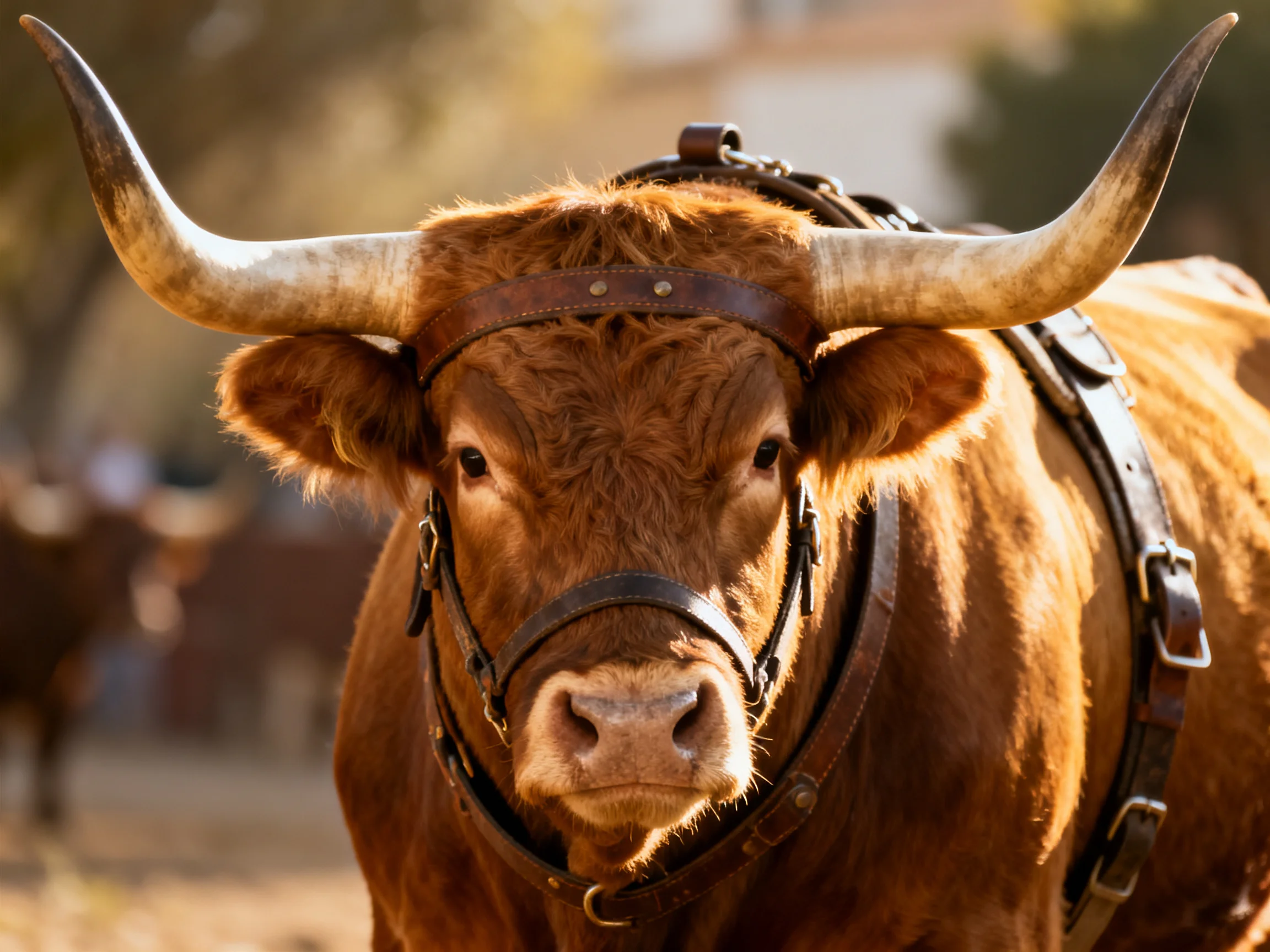 A large brown bull with prominent curved horns and leather harness