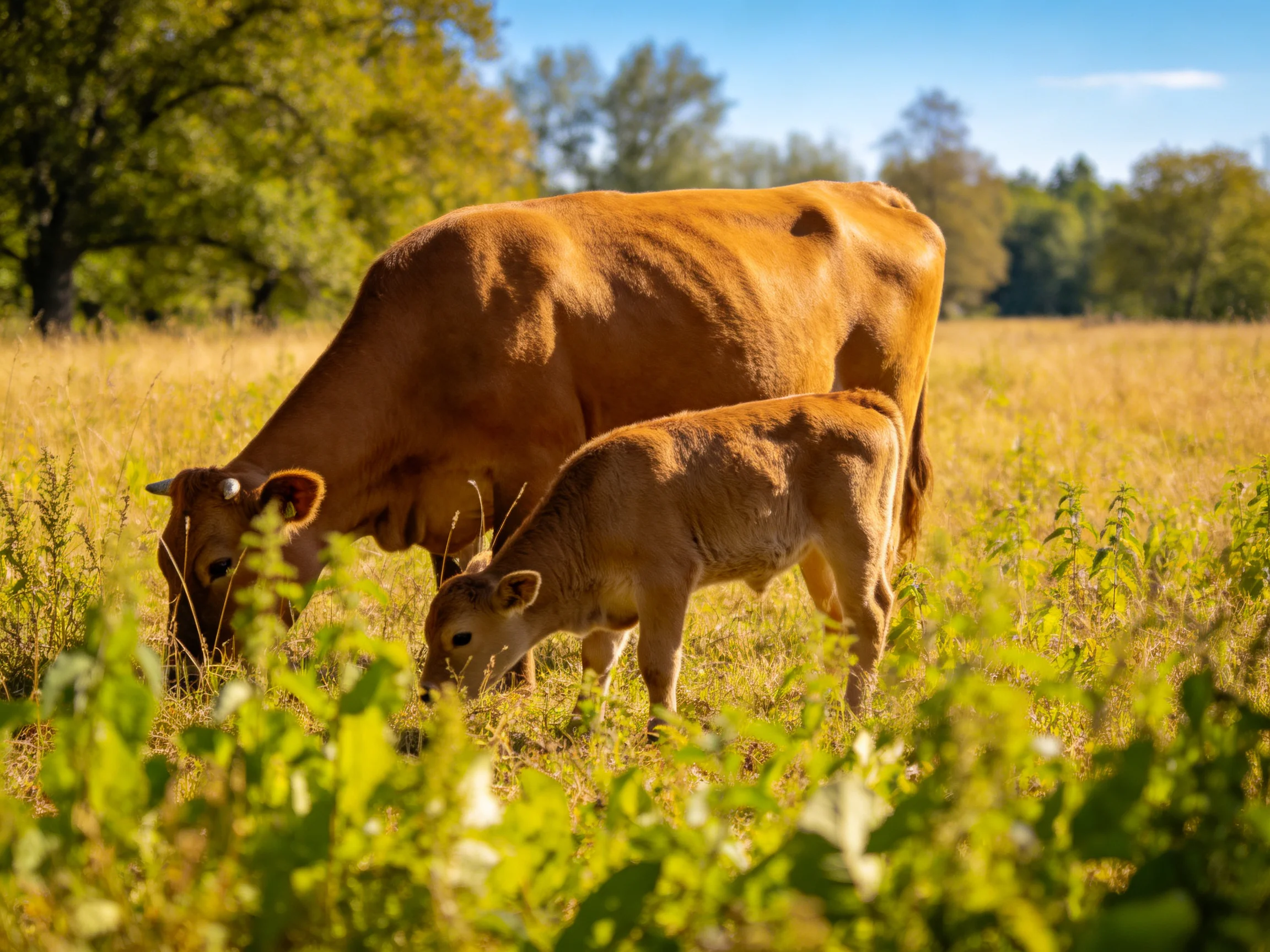 A large brown cow and her calf graze in a sunlit golden meadow