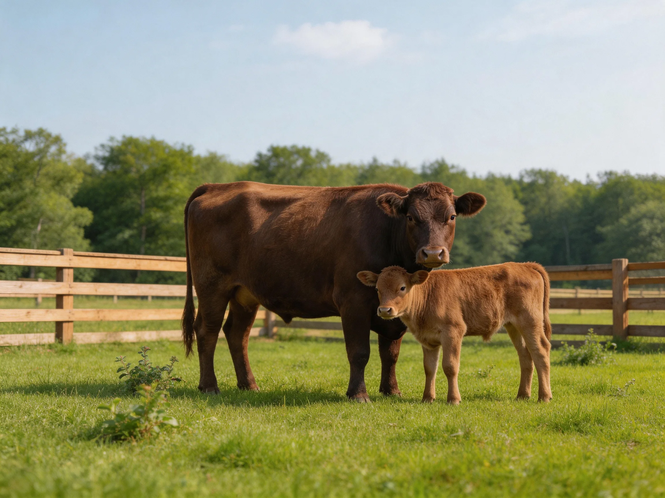 A large brown cow and small brown calf in a green fenced pasture