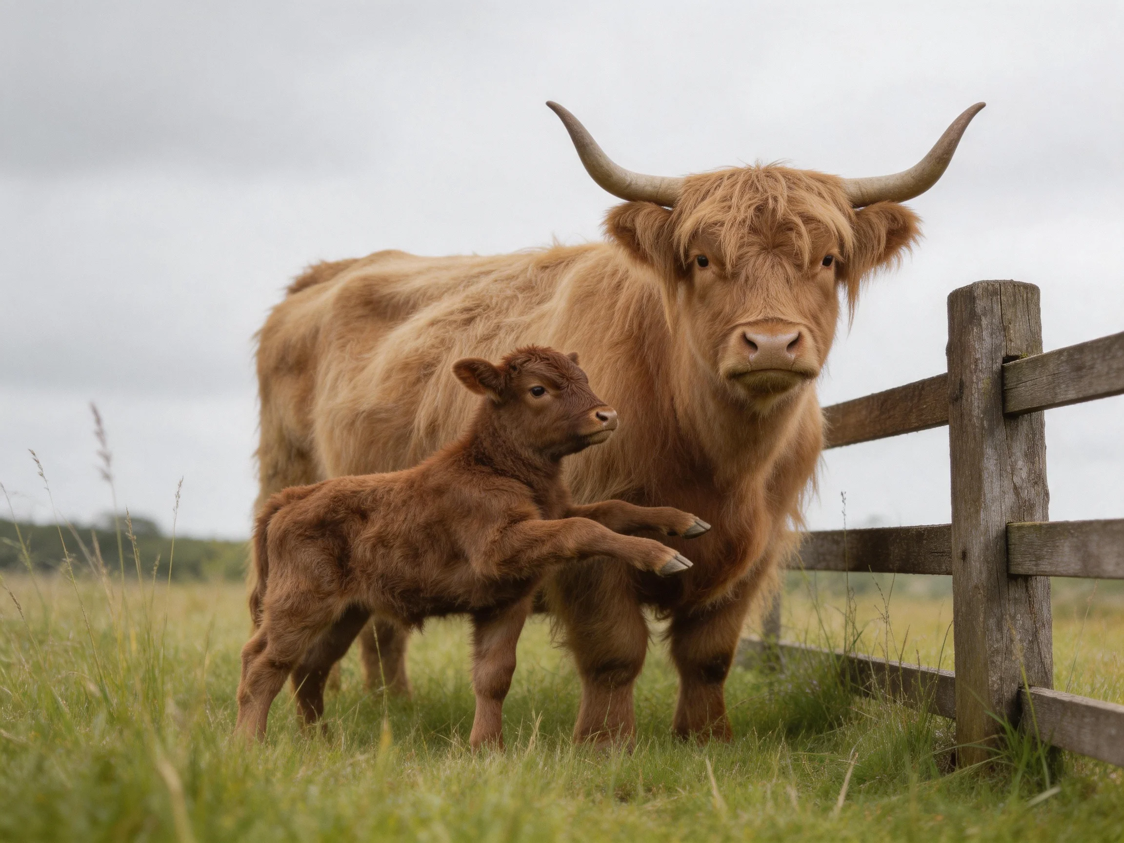 A large brown cow stands beside a small brown calf near a wooden fence in an open grassy area.