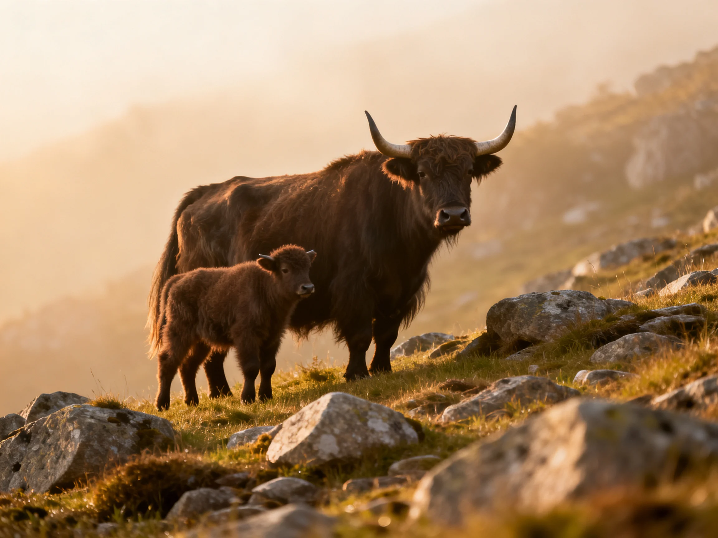 An adult brown cow stands beside a young brown calf on a rocky hillside.