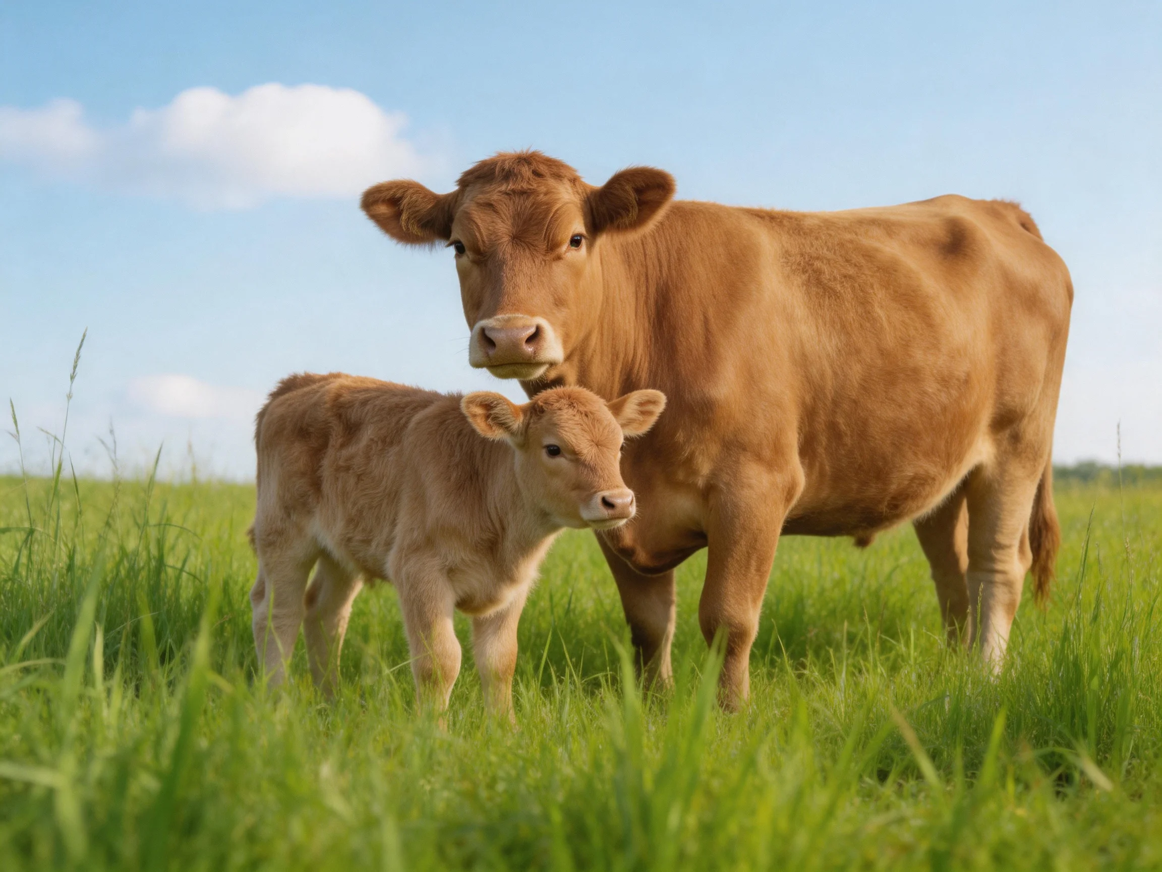 A large brown cow and small brown calf stand in a green pasture