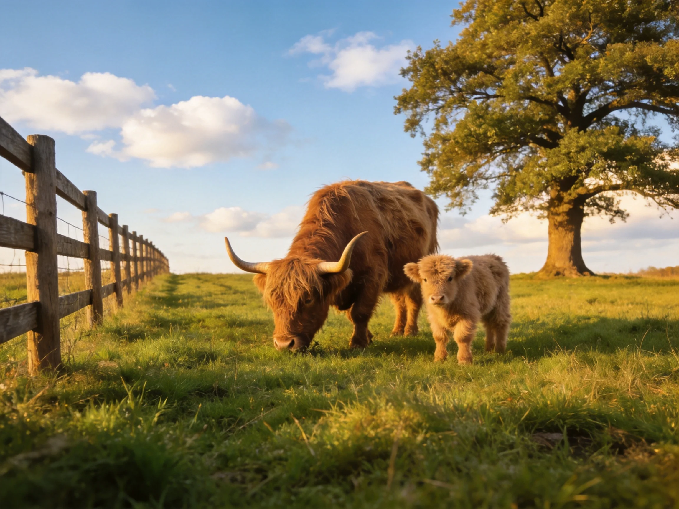 An adult brown cow and young tan calf graze in a sunlit pasture with a wooden fence.