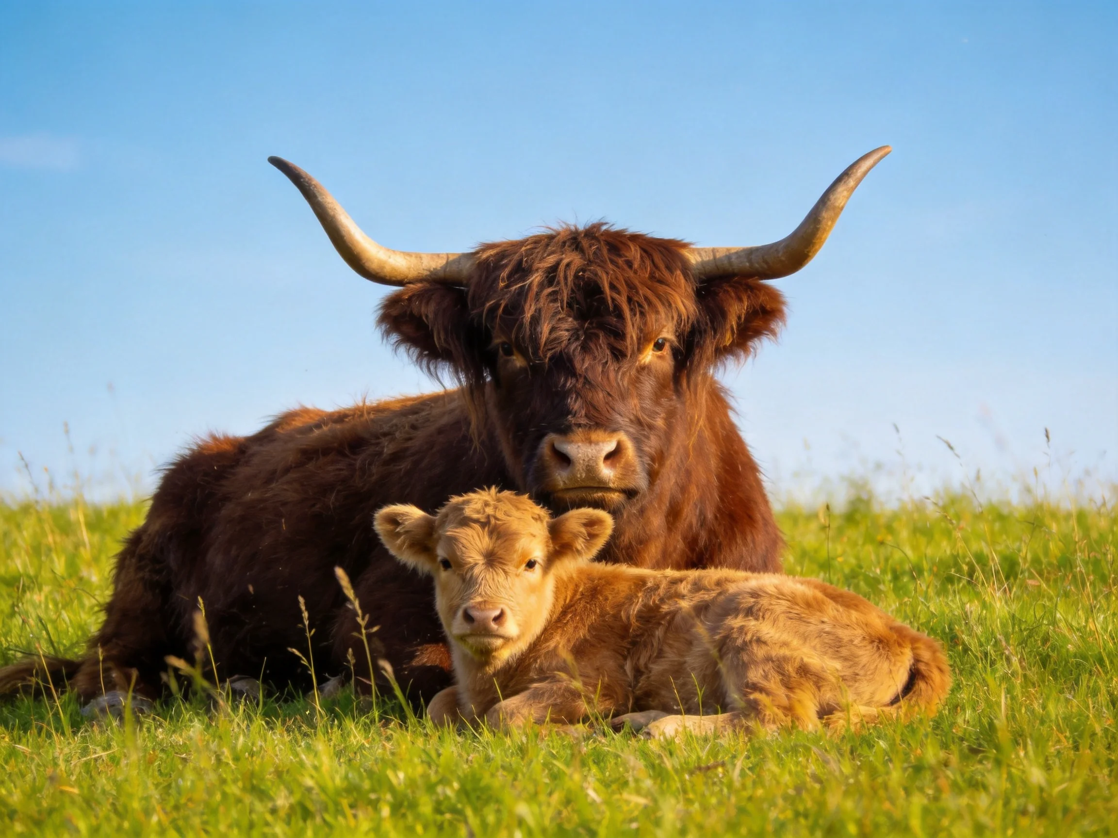 A large brown cow and small tan calf rest together in a grassy field under a clear blue sky.