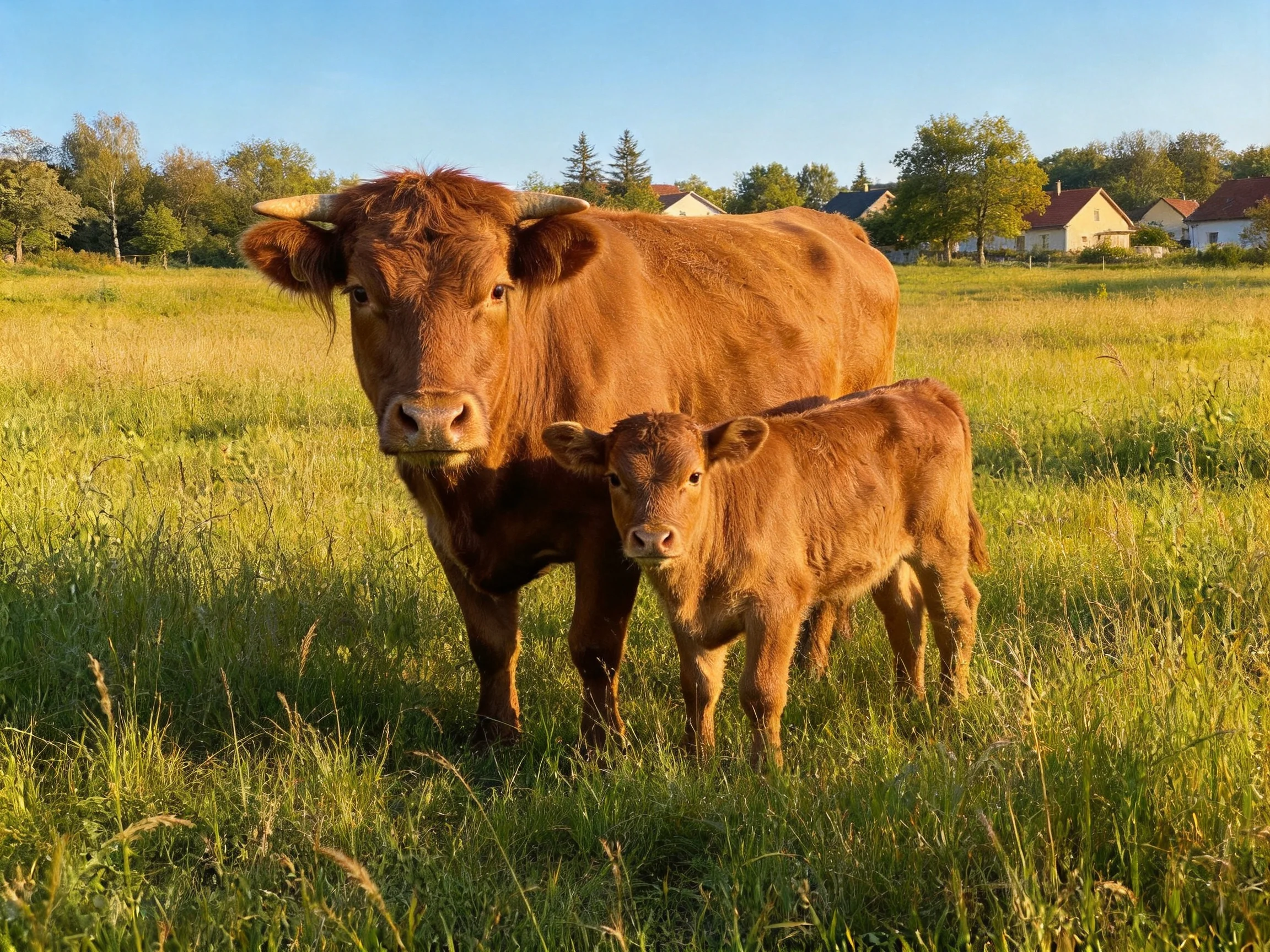 A large brown cow and a young brown calf stand together in a sunlit meadow.