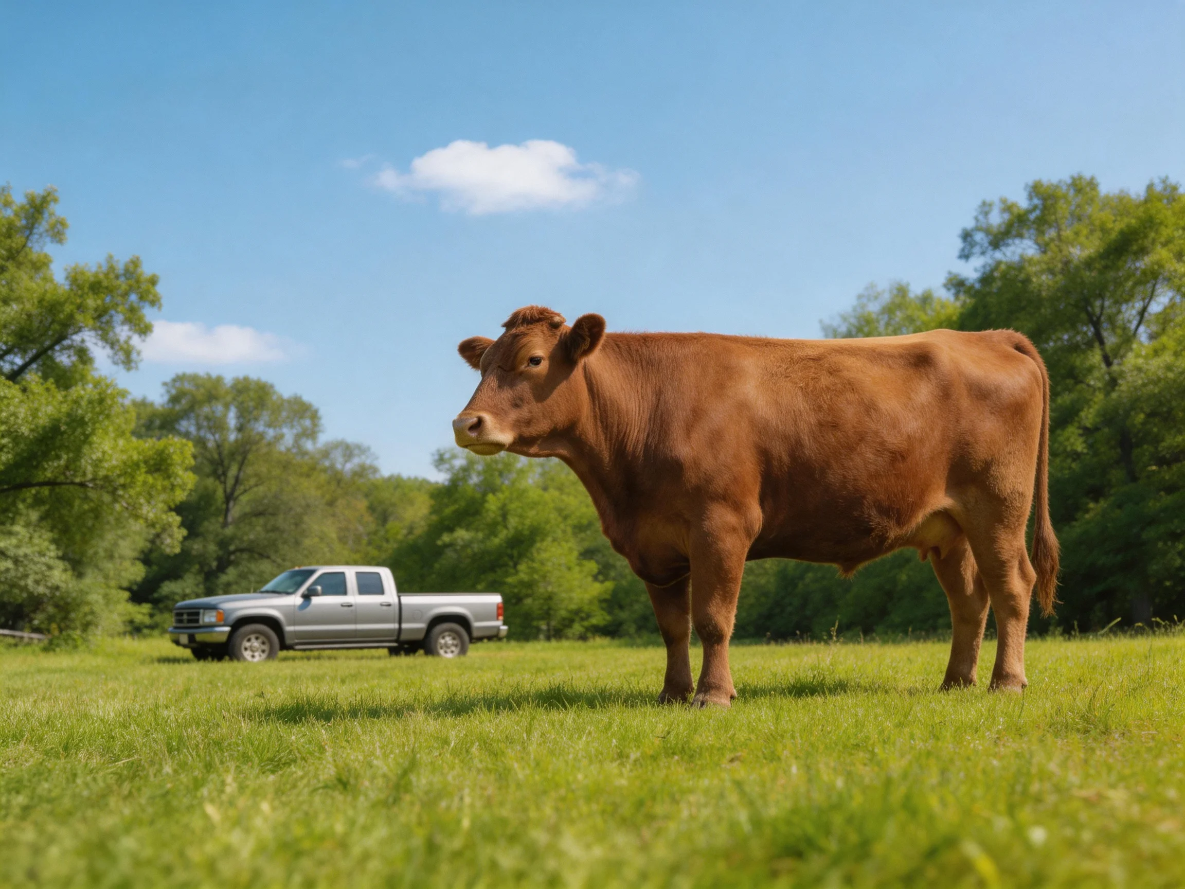 A large brown cow stands in a lush green pasture beside a silver pickup truck