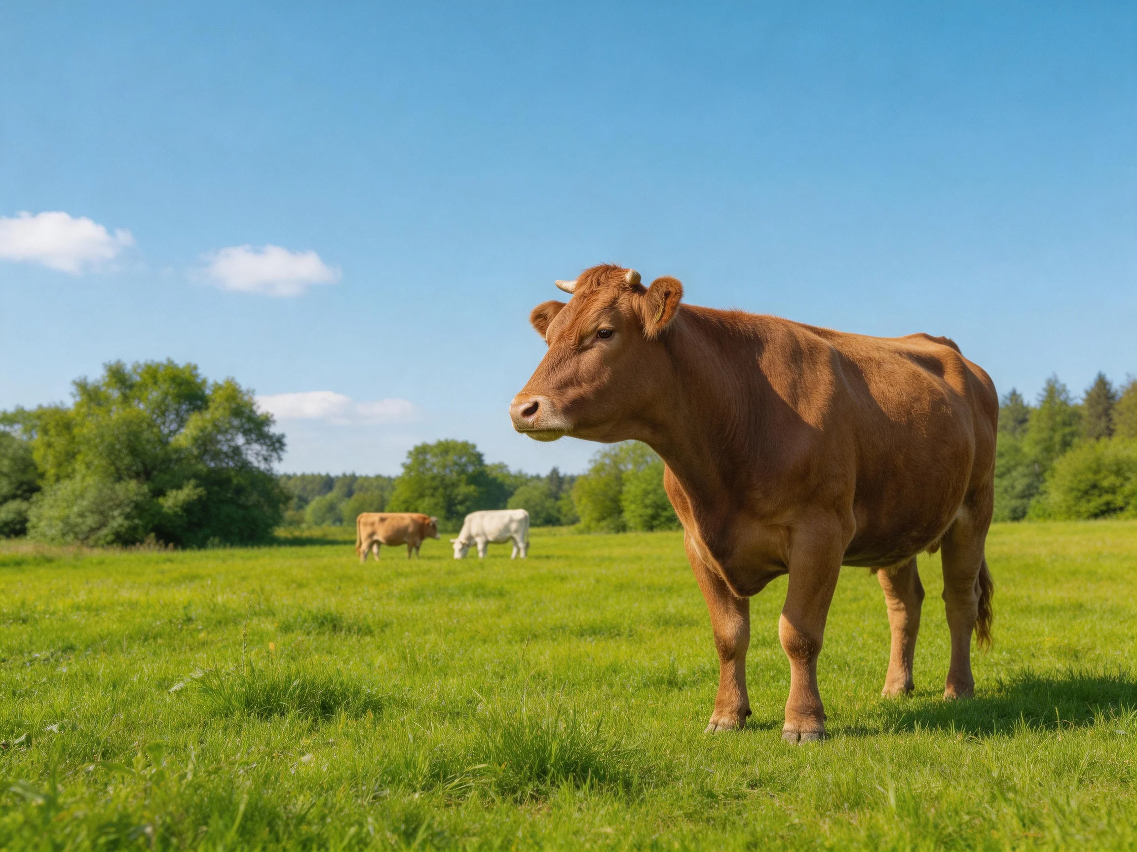 A large brown cow stands ina lush green meadow with two distant cows