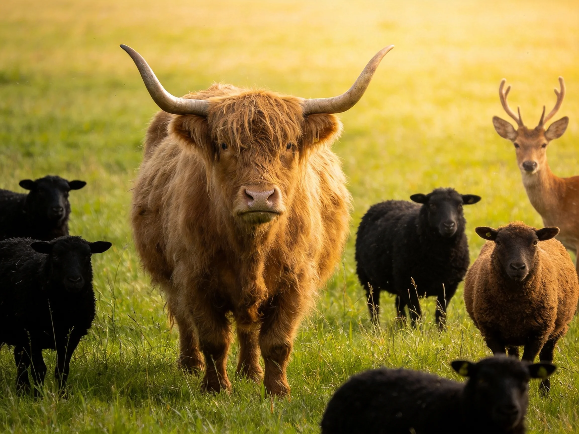 A large brown cow with black and brown sheep and a deer in a sunlit field
