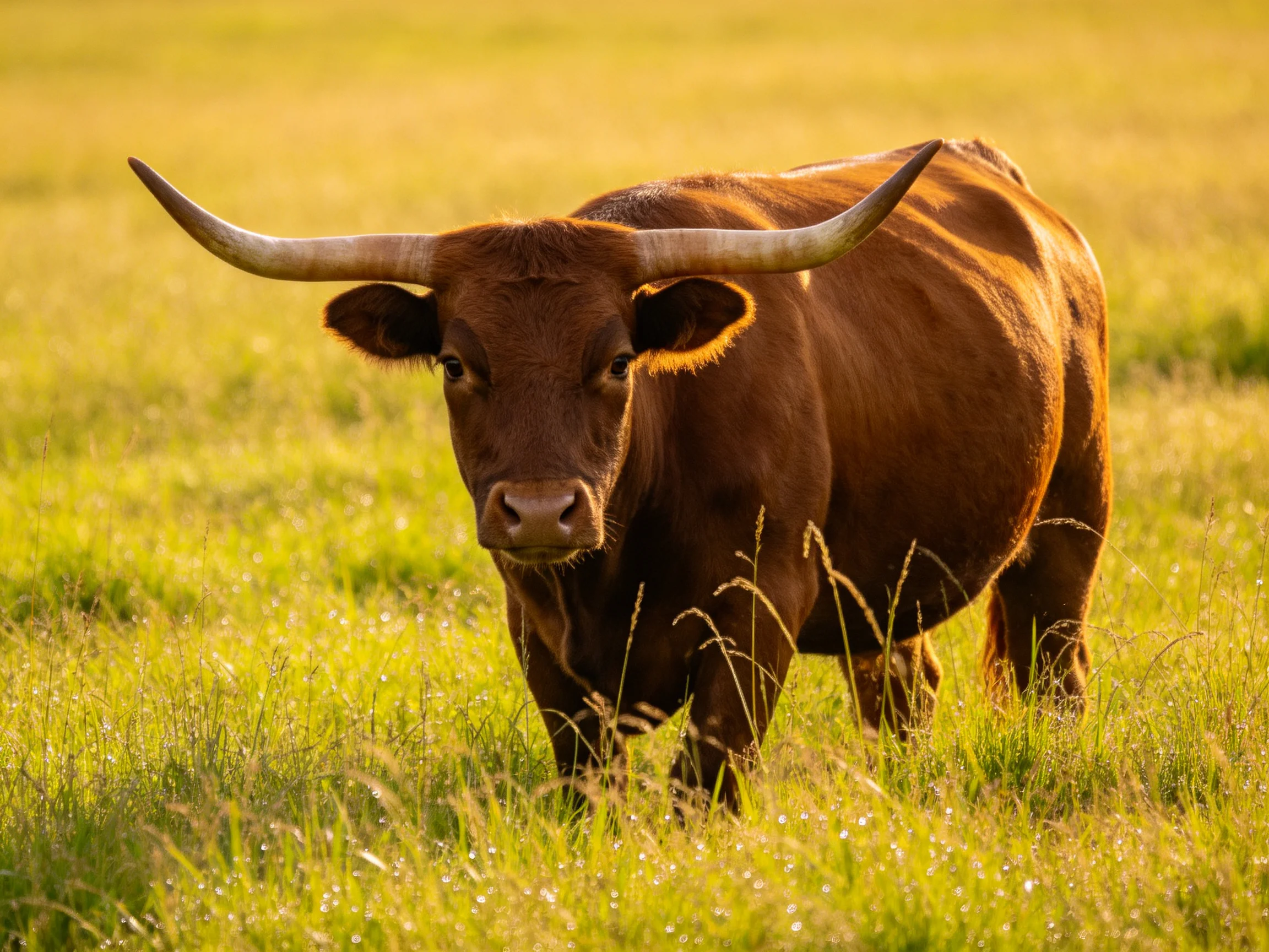 A large brown cow with long curved horns in a sunlit grassy field