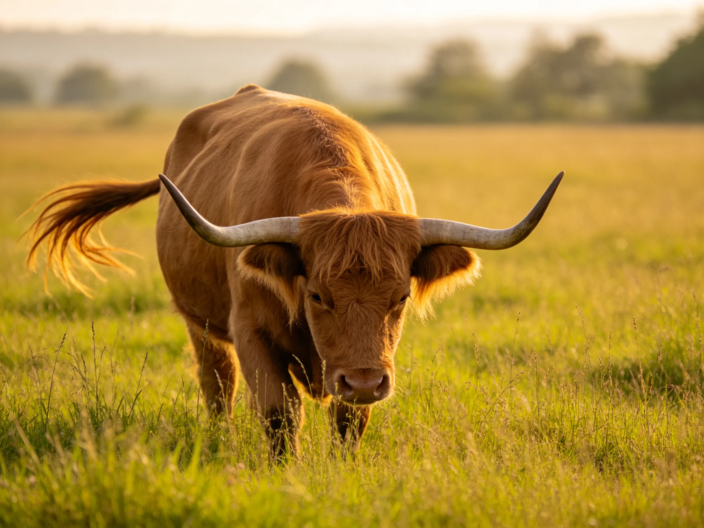 A large brown cow with long curved horns in a sunlit meadow