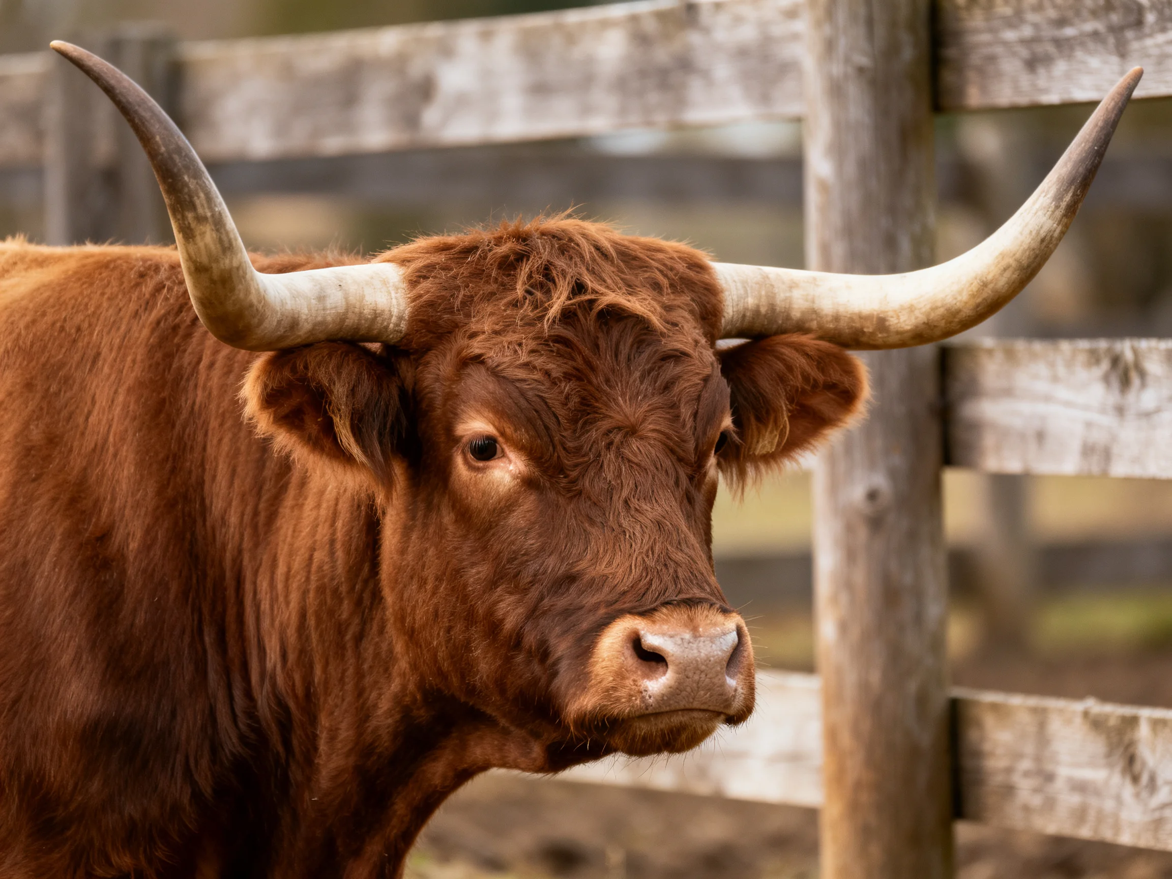 A large brown cow with long curved horns near a weathered wooden fence