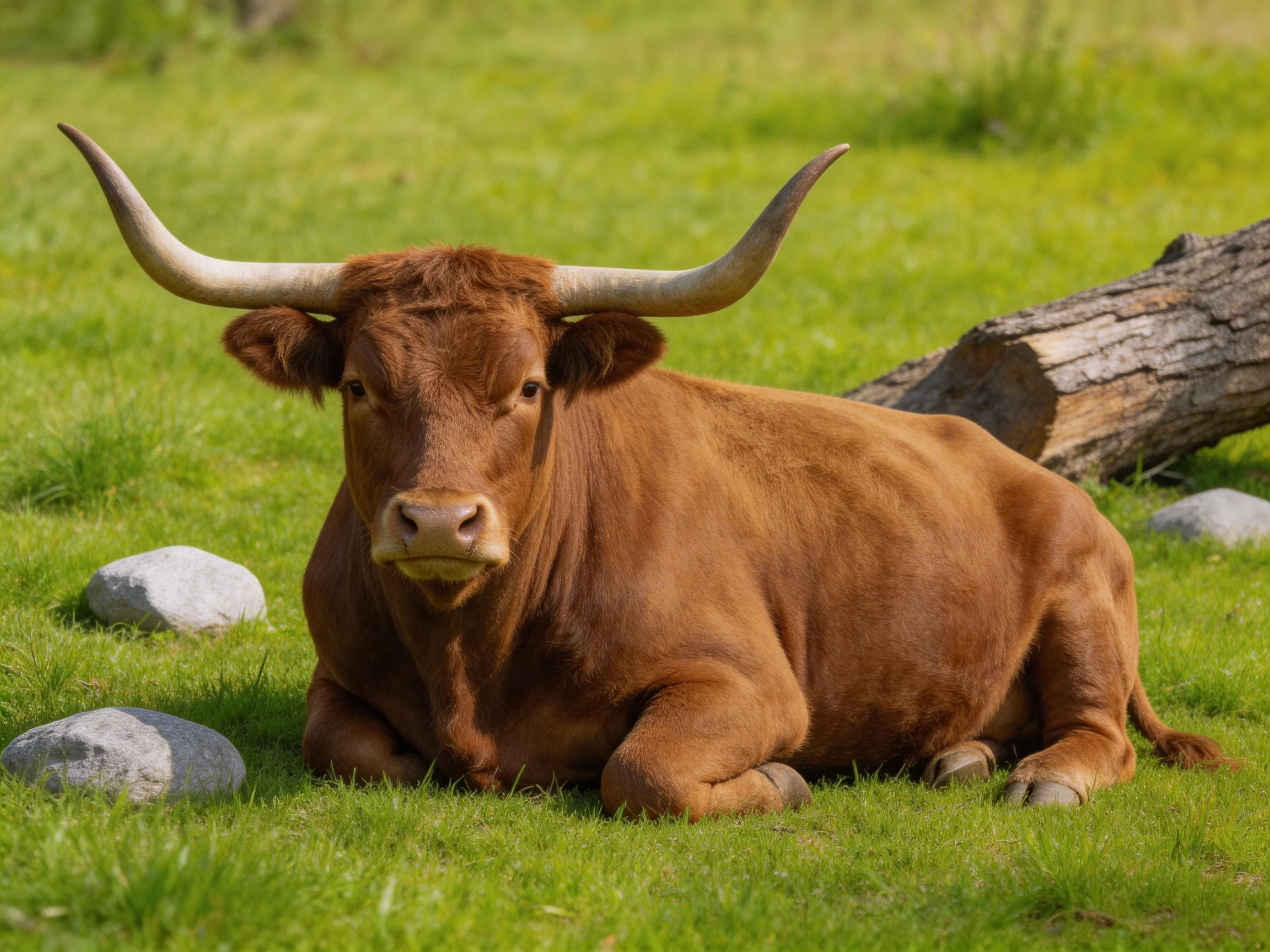 A large brown cow with long curved horns rests on lush green grass