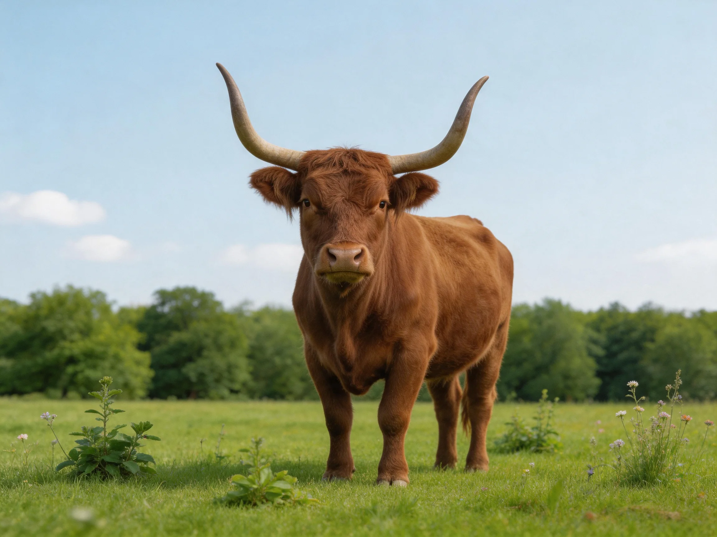 A large brown cow with long curved horns stands in a lush green meadow