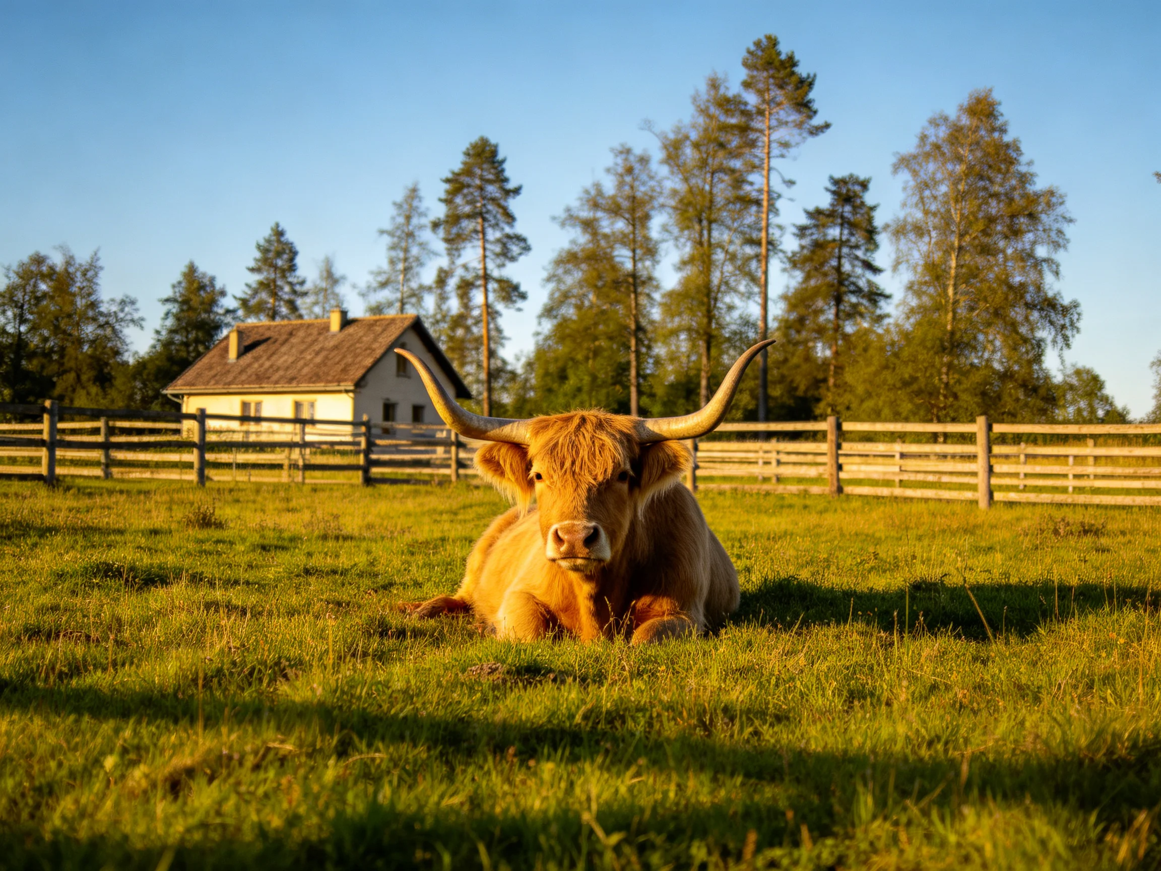 A large brown cow with long horns rests in a sun-drenched green pasture