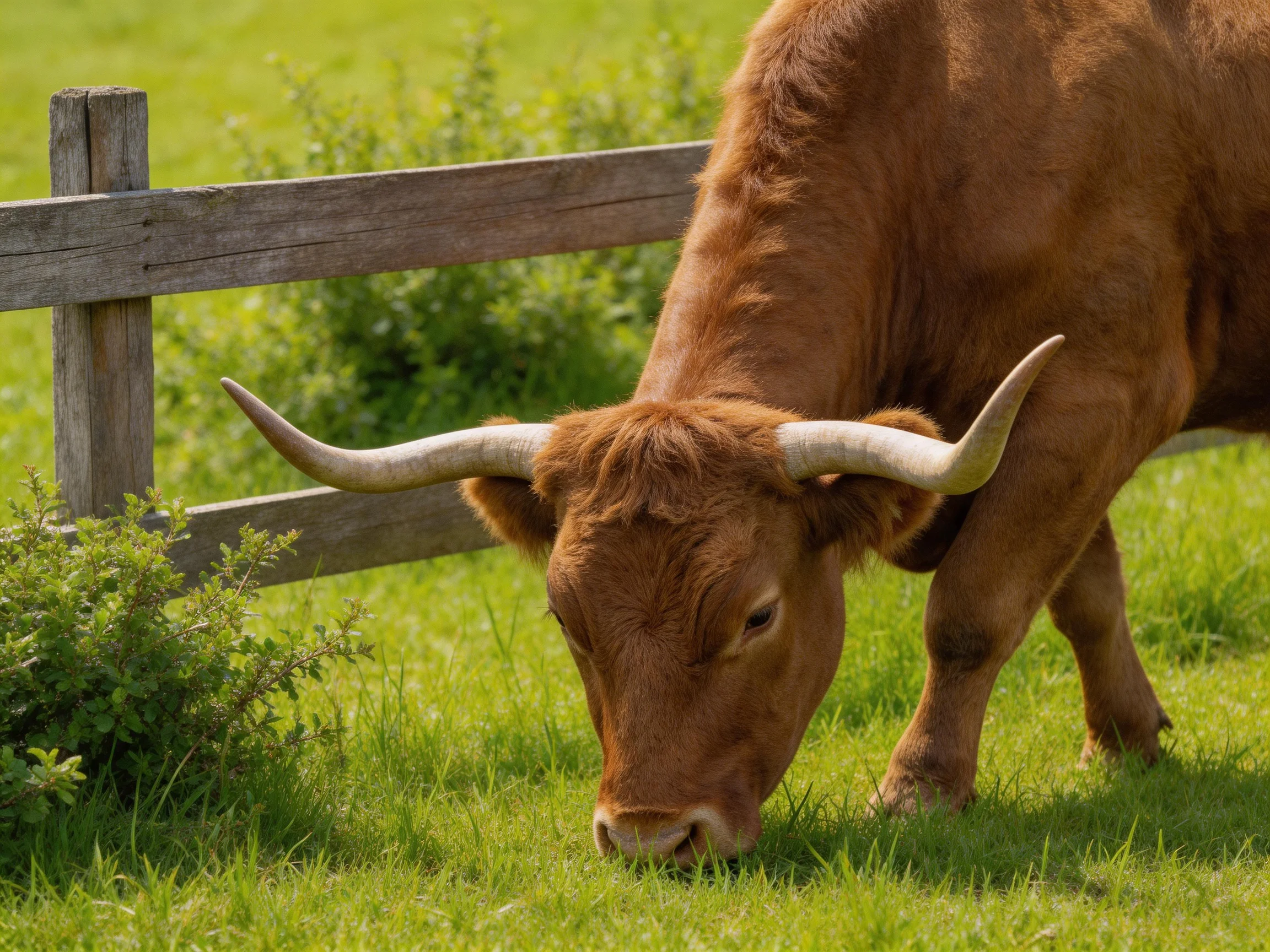 A large brown cow with long white horns grazes near a wooden fence