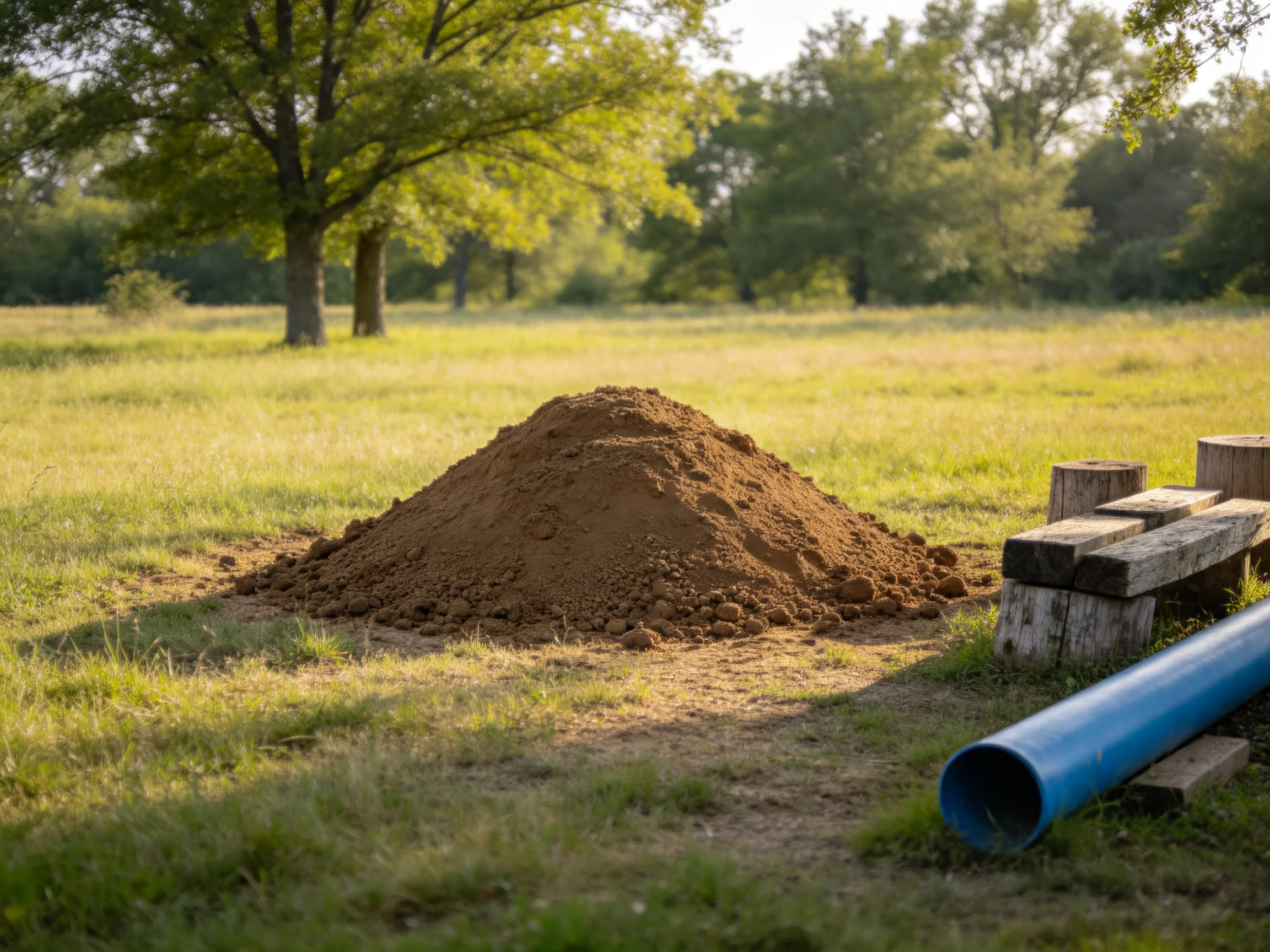 A large brown dirt mound near wooden benches and a blue pipe in a grassy field