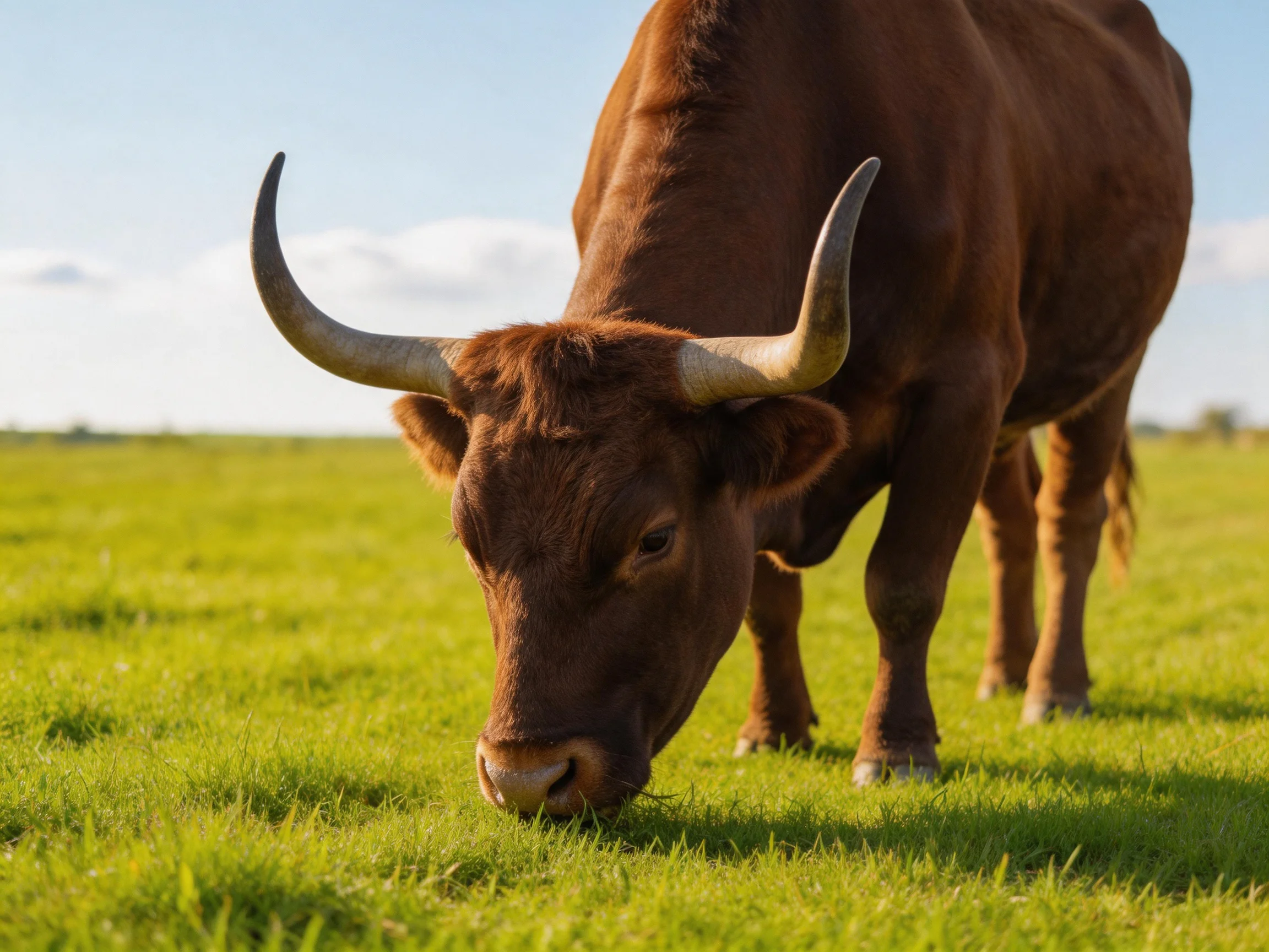A large brown horned cow grazing in a sunlit green pasture