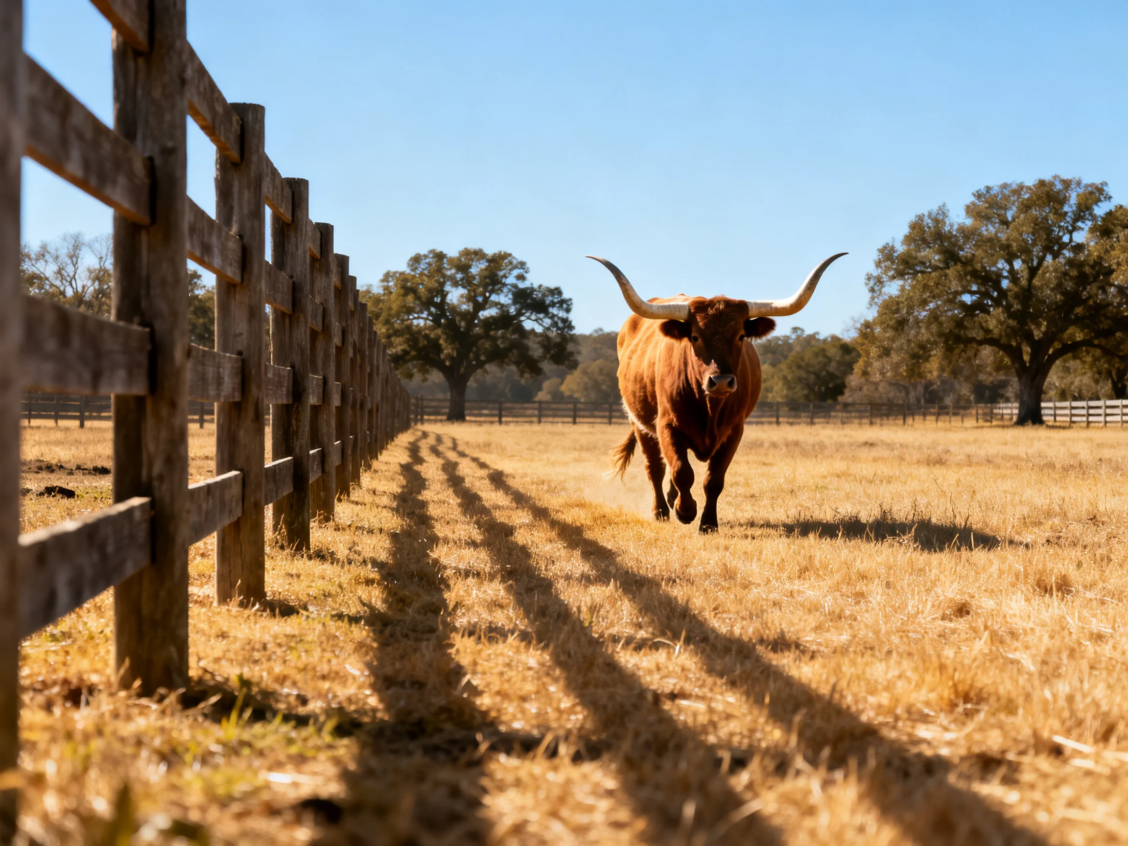A large brown longhorn bull near a wooden fence in a golden field