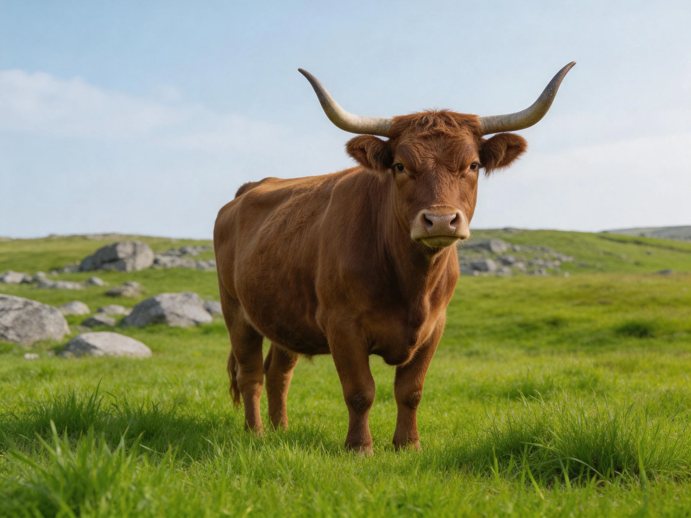 A large brown longhorn cow in a rocky green meadow