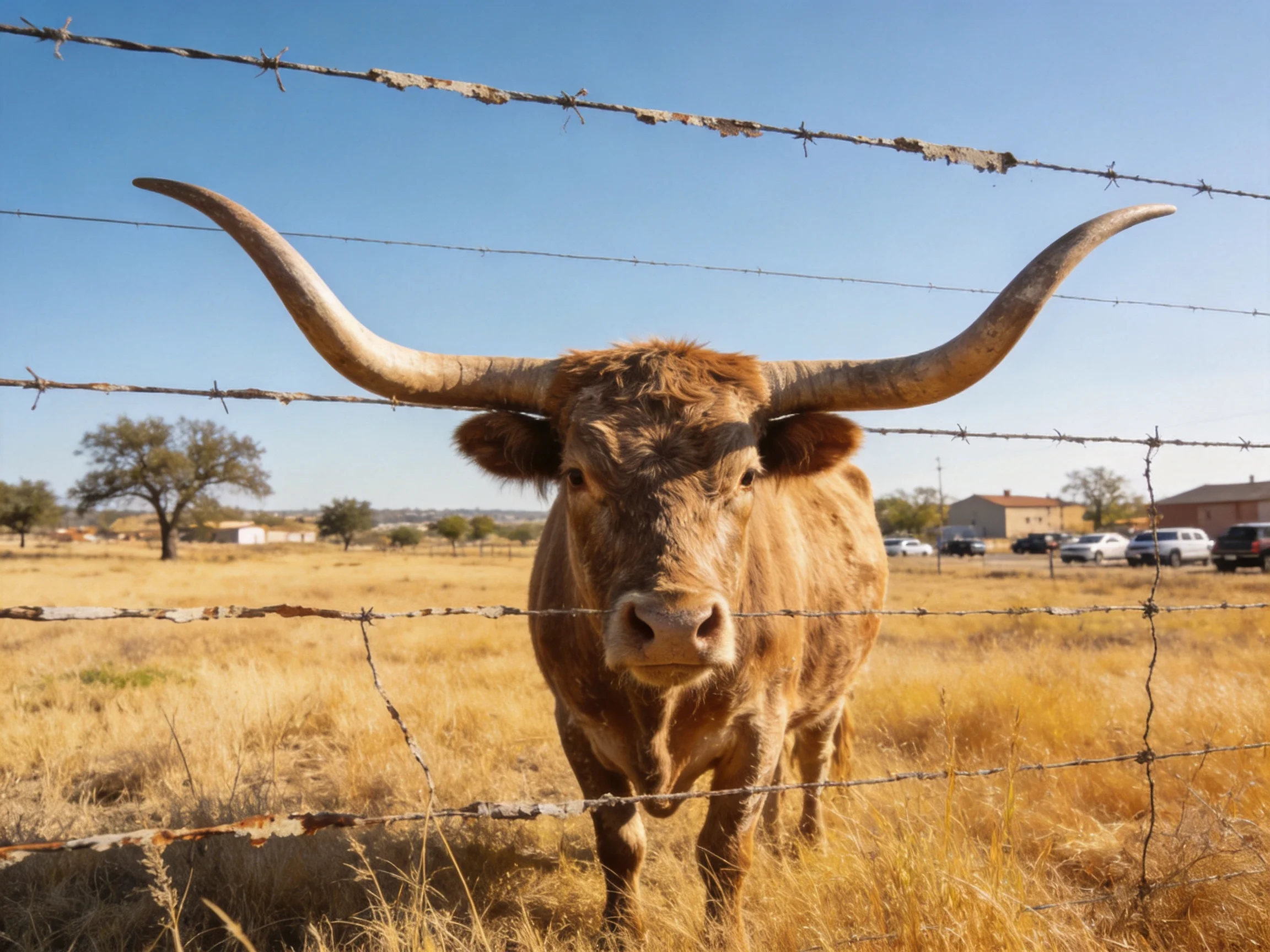 A large brown longhorn cow stands behind a barbed wire fence in a golden field.