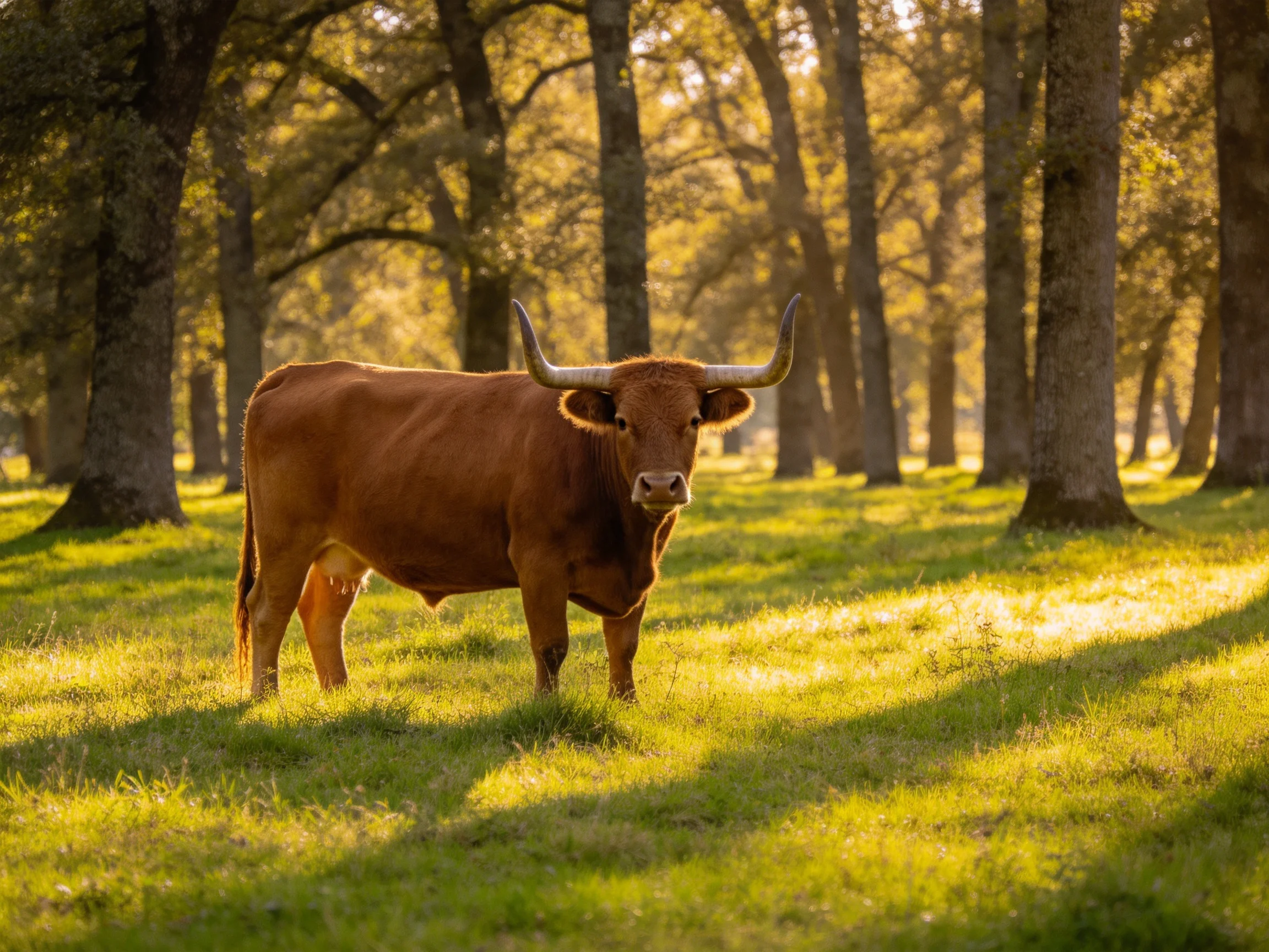 A large brown longhorn in a sunlit wooded meadow