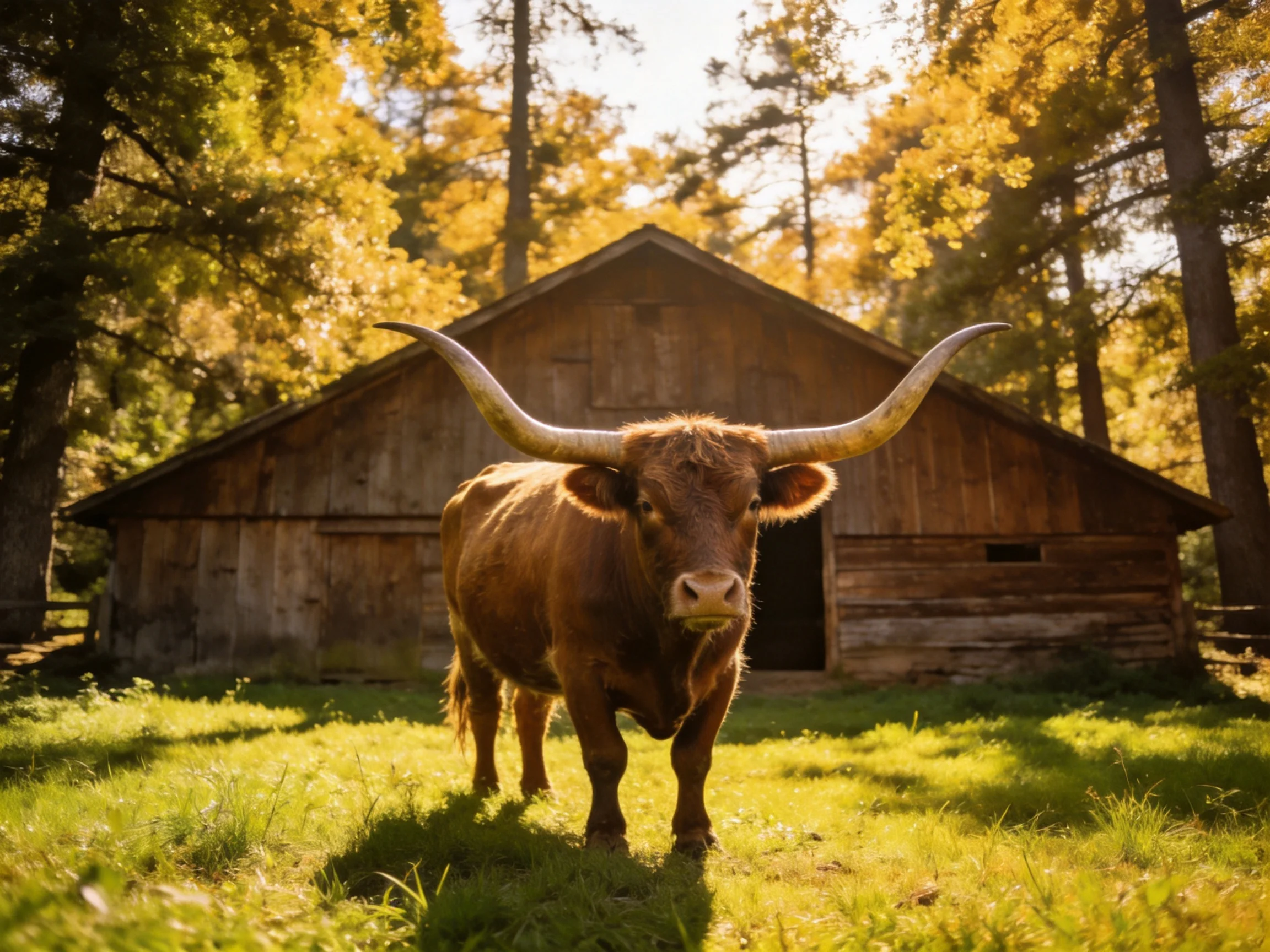 A large brown longhorn stands before an aged wooden barn