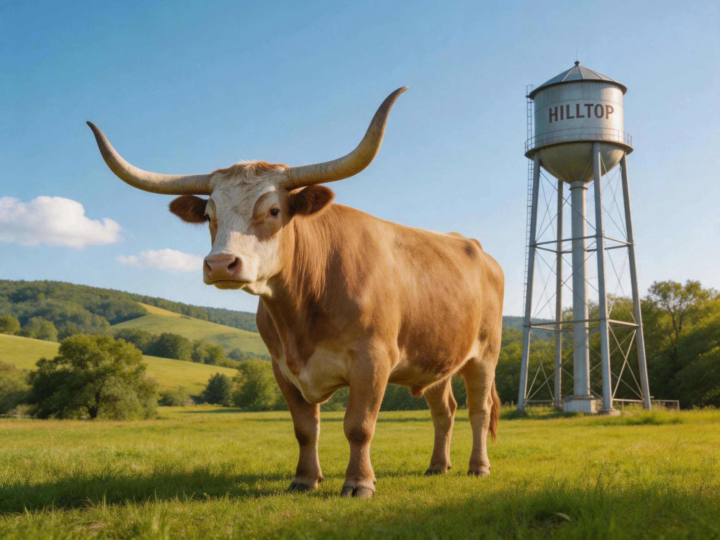 A large brown longhorn stands near a silver Hilltop water tower in a green pasture