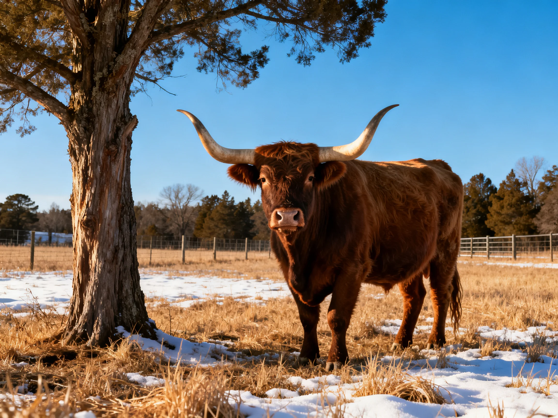 A brown longhorn stands in a snowy field beside a tree.