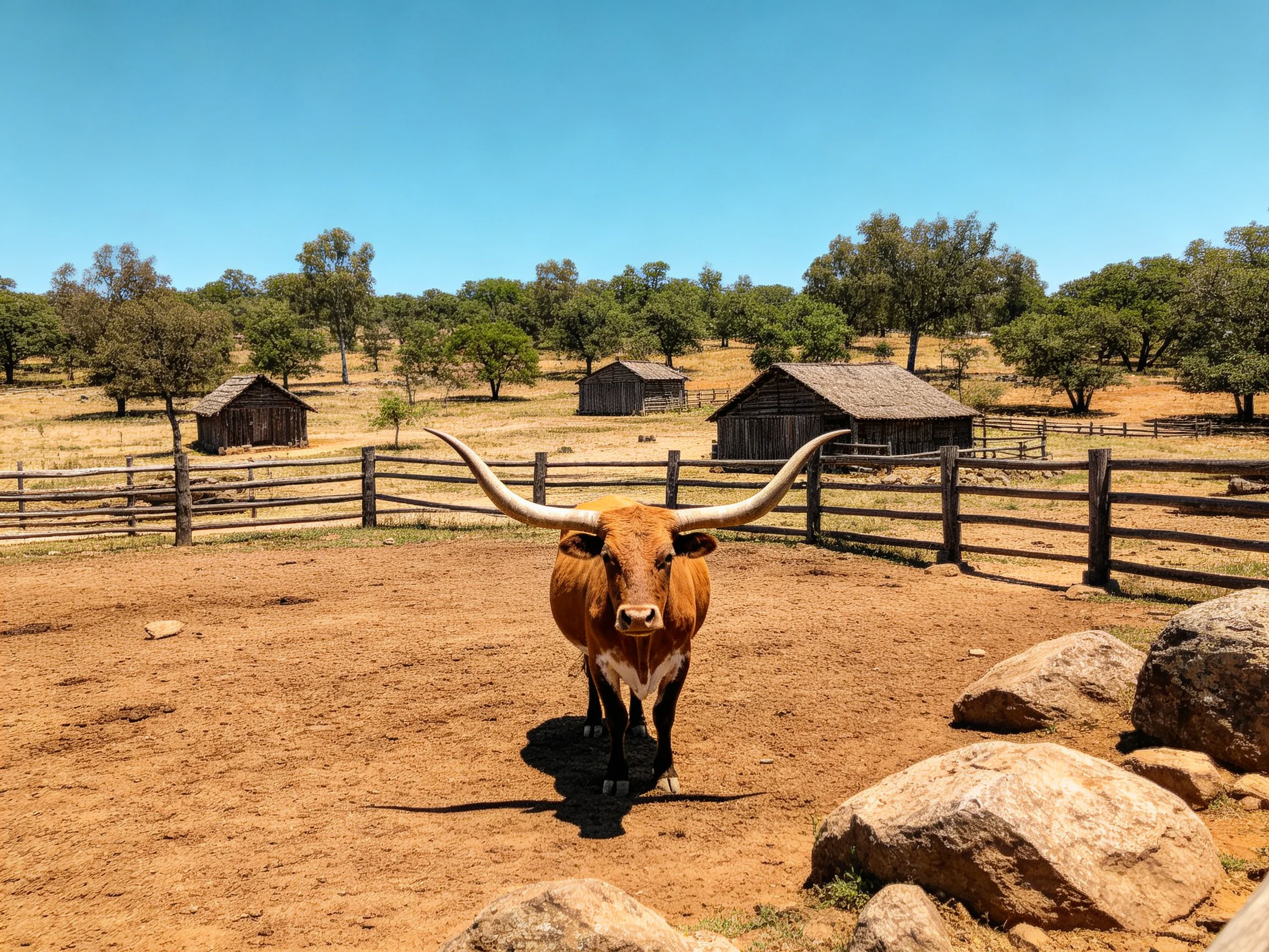 A large brown longhorn with long horns near weathered barns and fences