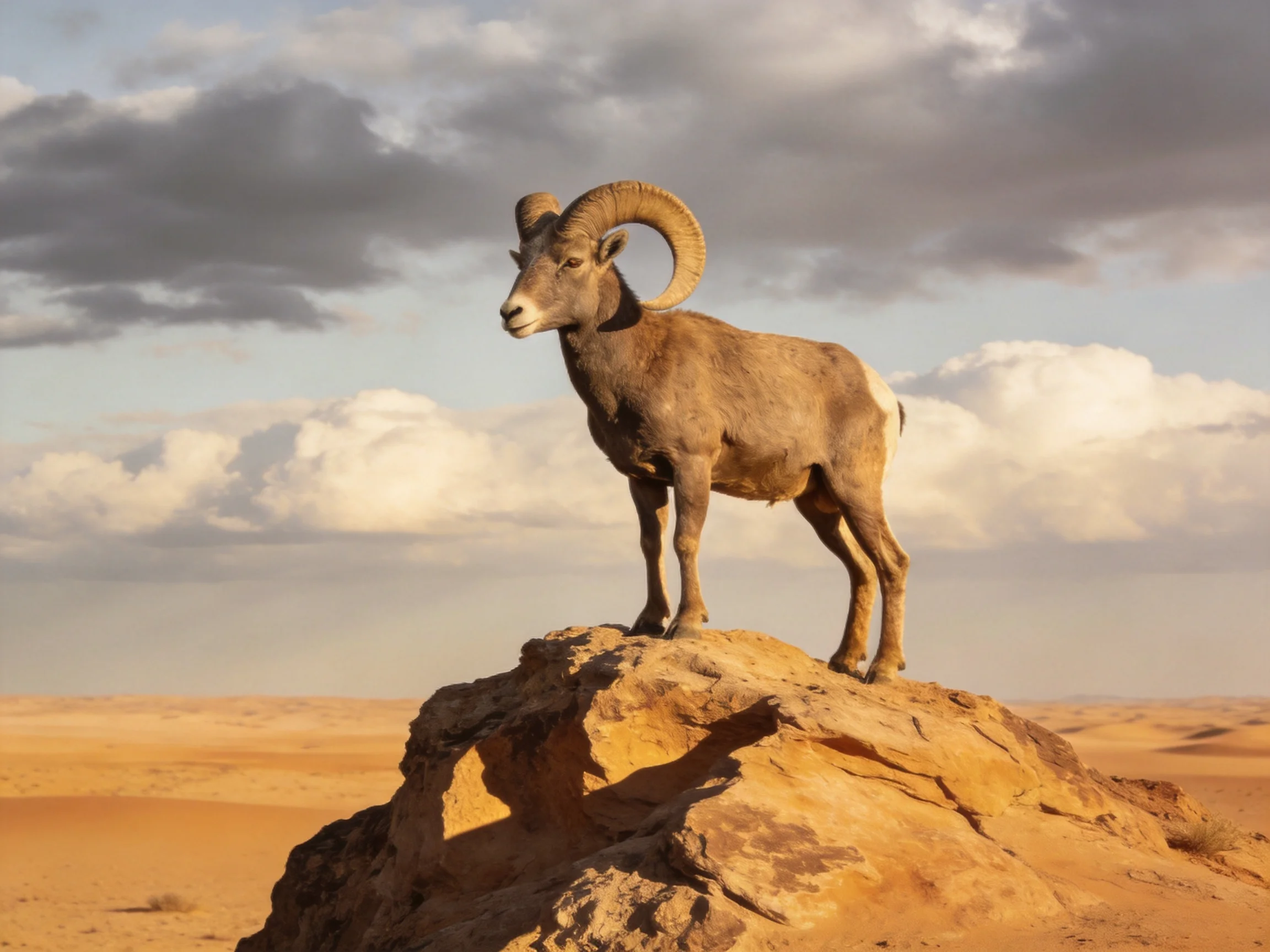 A large brown ram stands atop a rocky outcrop in golden desert terrain