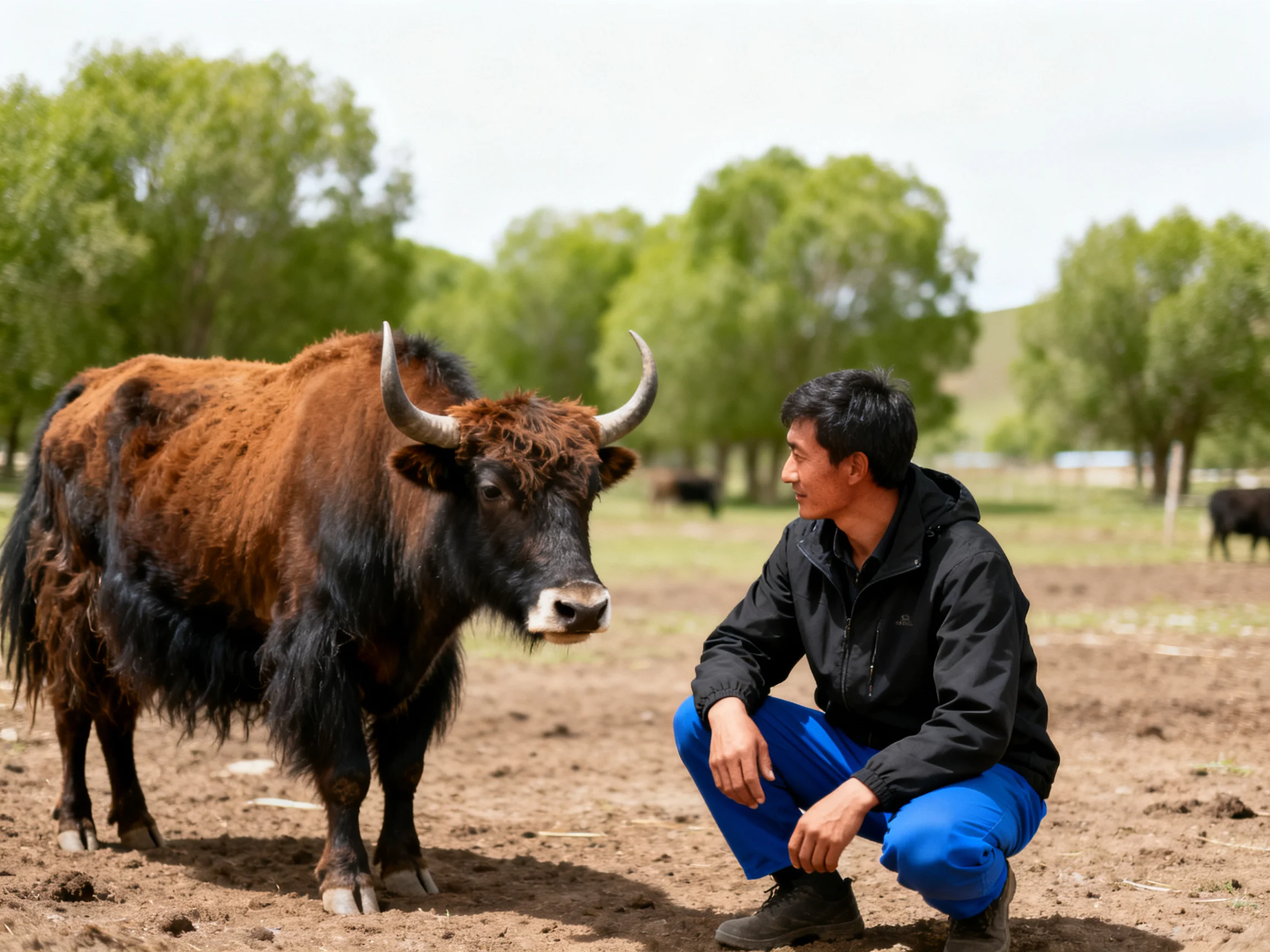 A large brown yak with curved horns stands beside a man in a black jacket and blue pants in a rural f