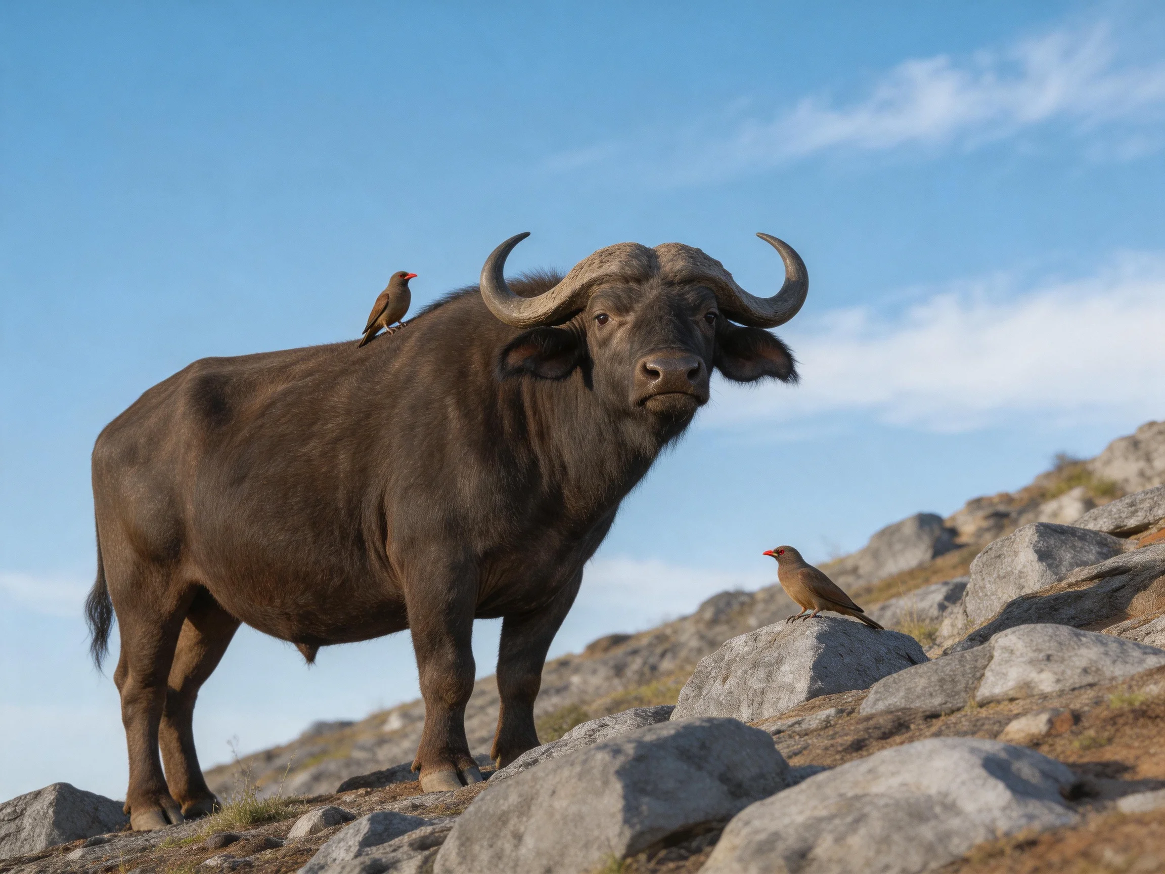 A large buffalo stands on rocky terrain with two small brown birds