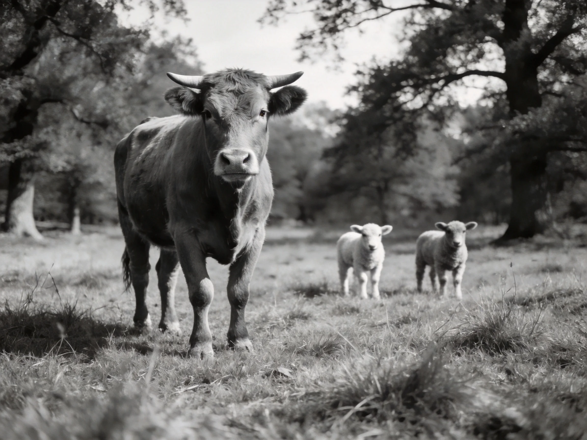 A large cow and two lambs in a shaded woodland pasture
