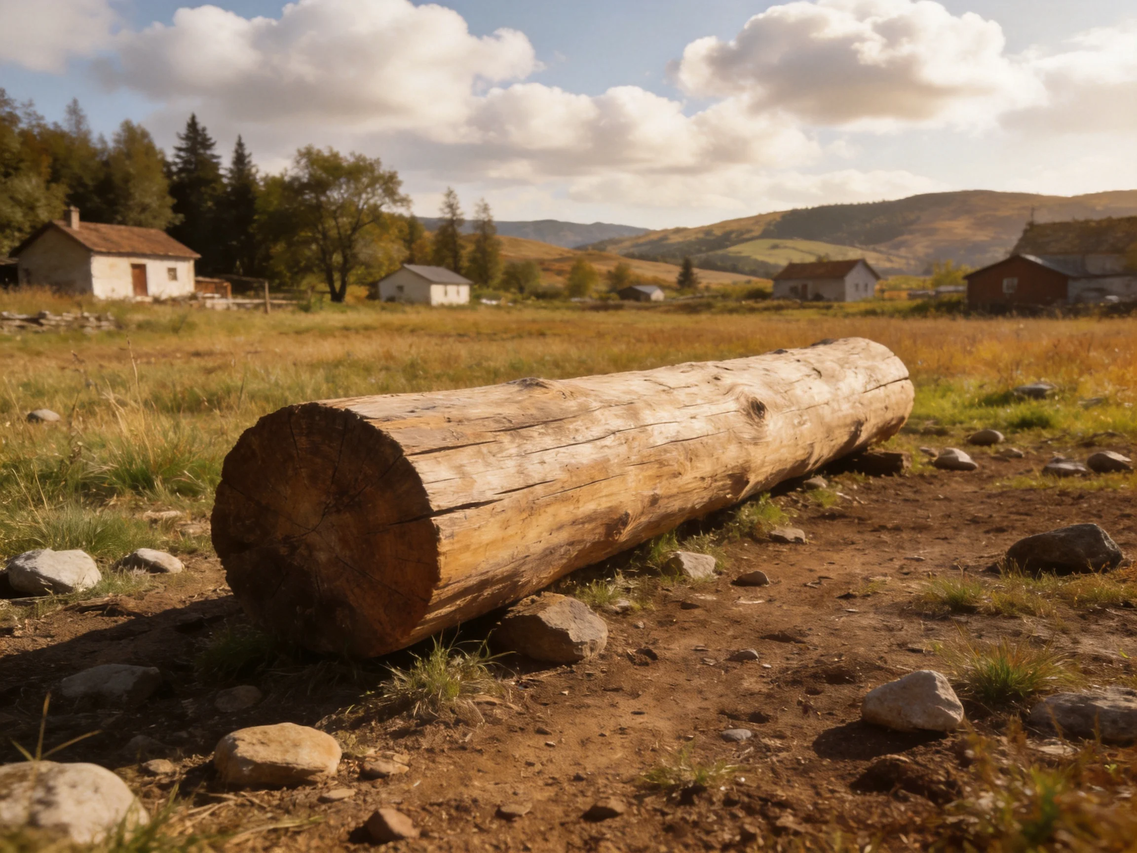 A large cut log rests among rocks in a rural field
